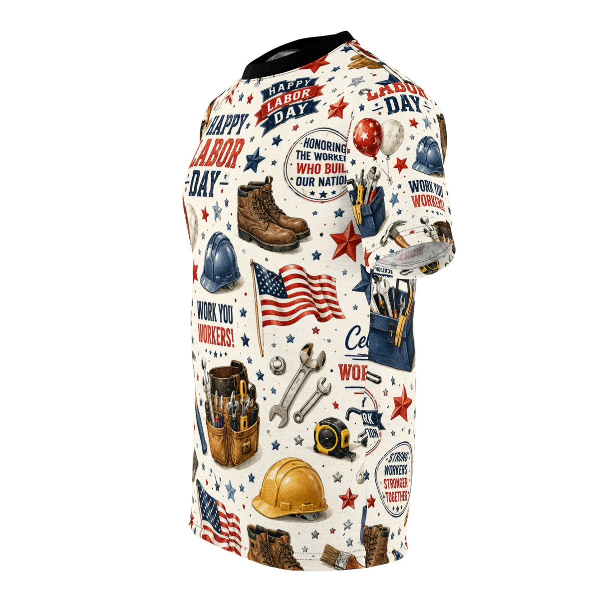 Labor Day Tools & Flags Tee | All-Over Print Workboots Helmets Hammers
