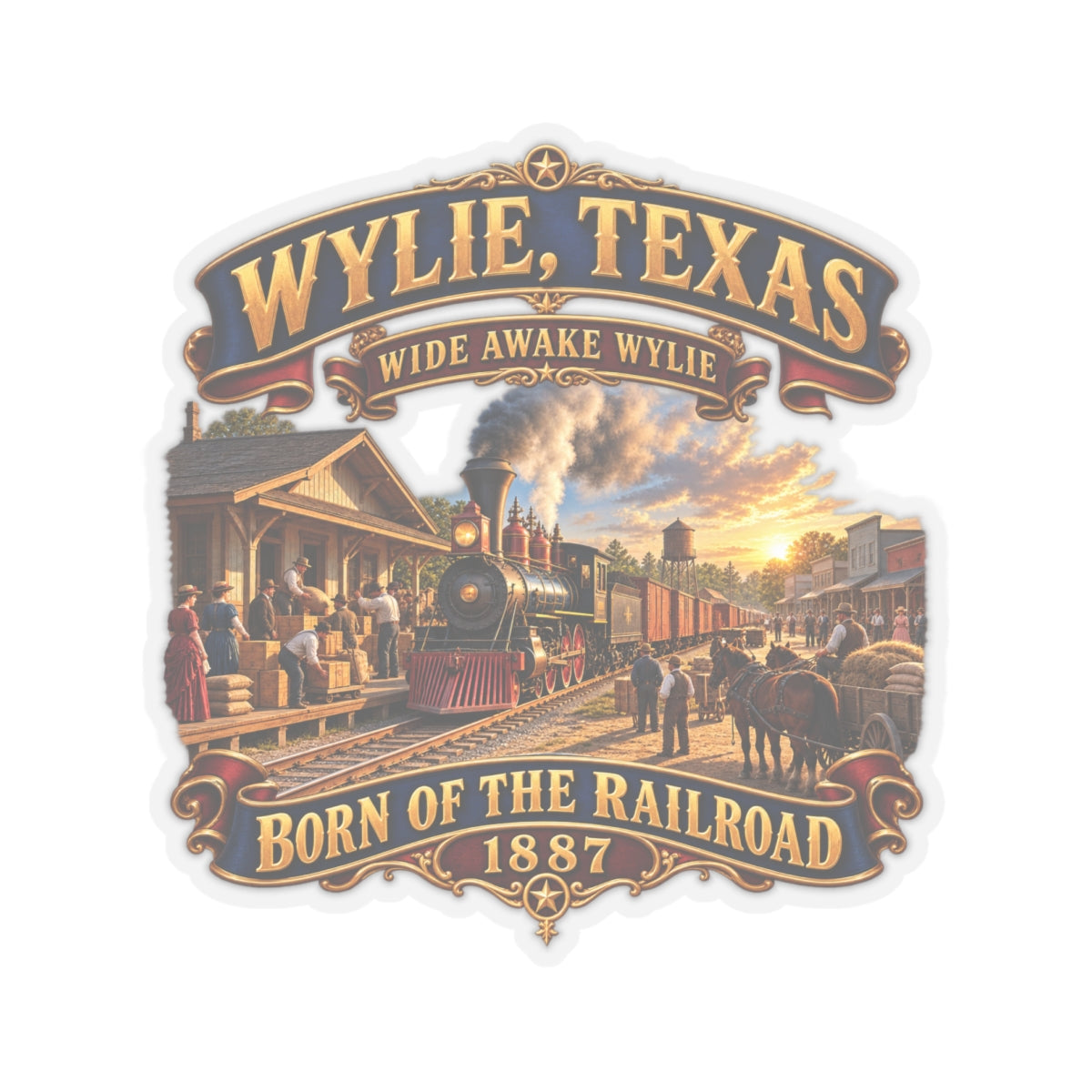 Kiss-Cut Stickers - Wylie, Texas - Wide Awake Wylie, Born of the Railroad - 1873 - with Train Scene