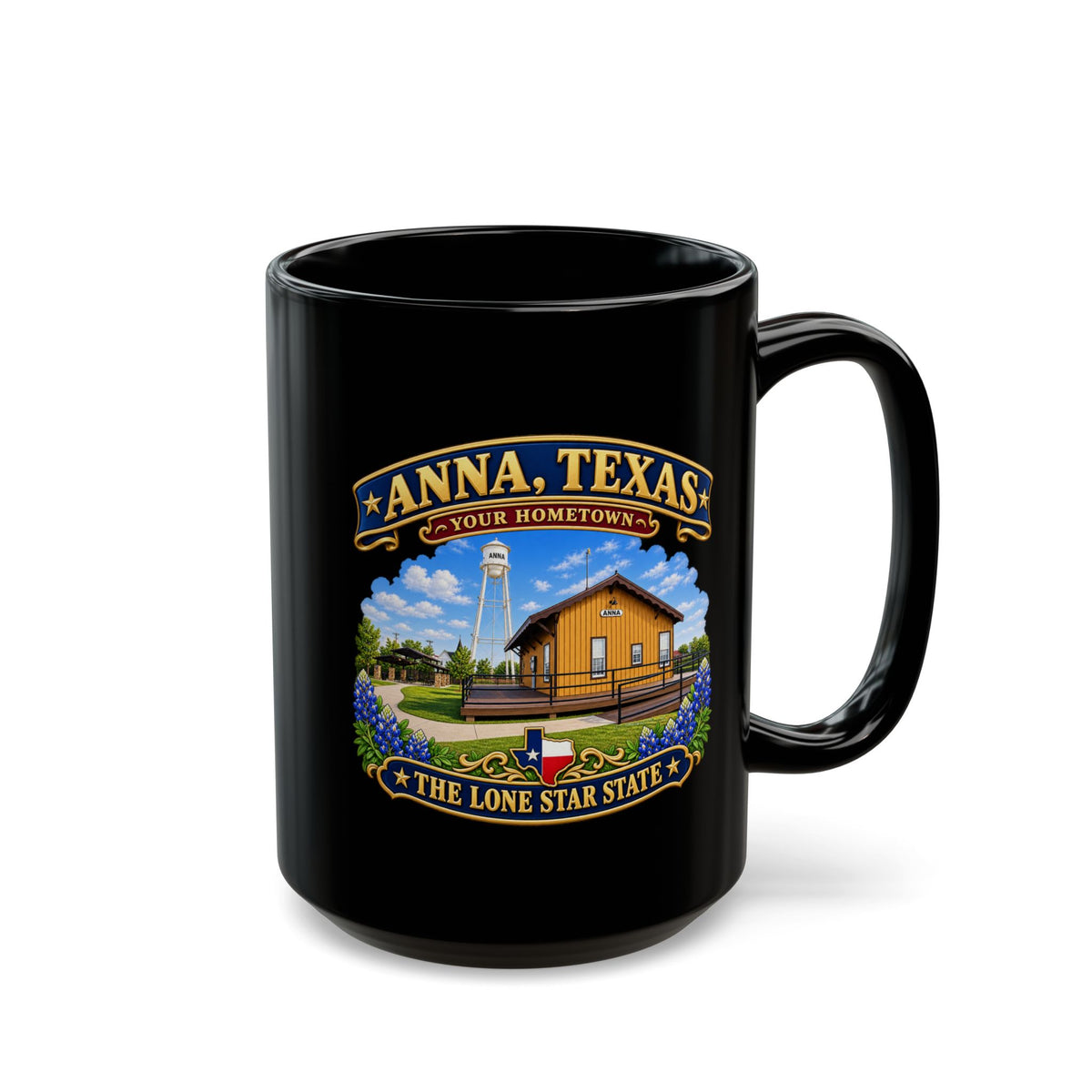 Black Mug (15oz) - Anna, Texas - Your Home Town -Lone Star State - with Anna Depot, Sherley Heritage Park, Scene