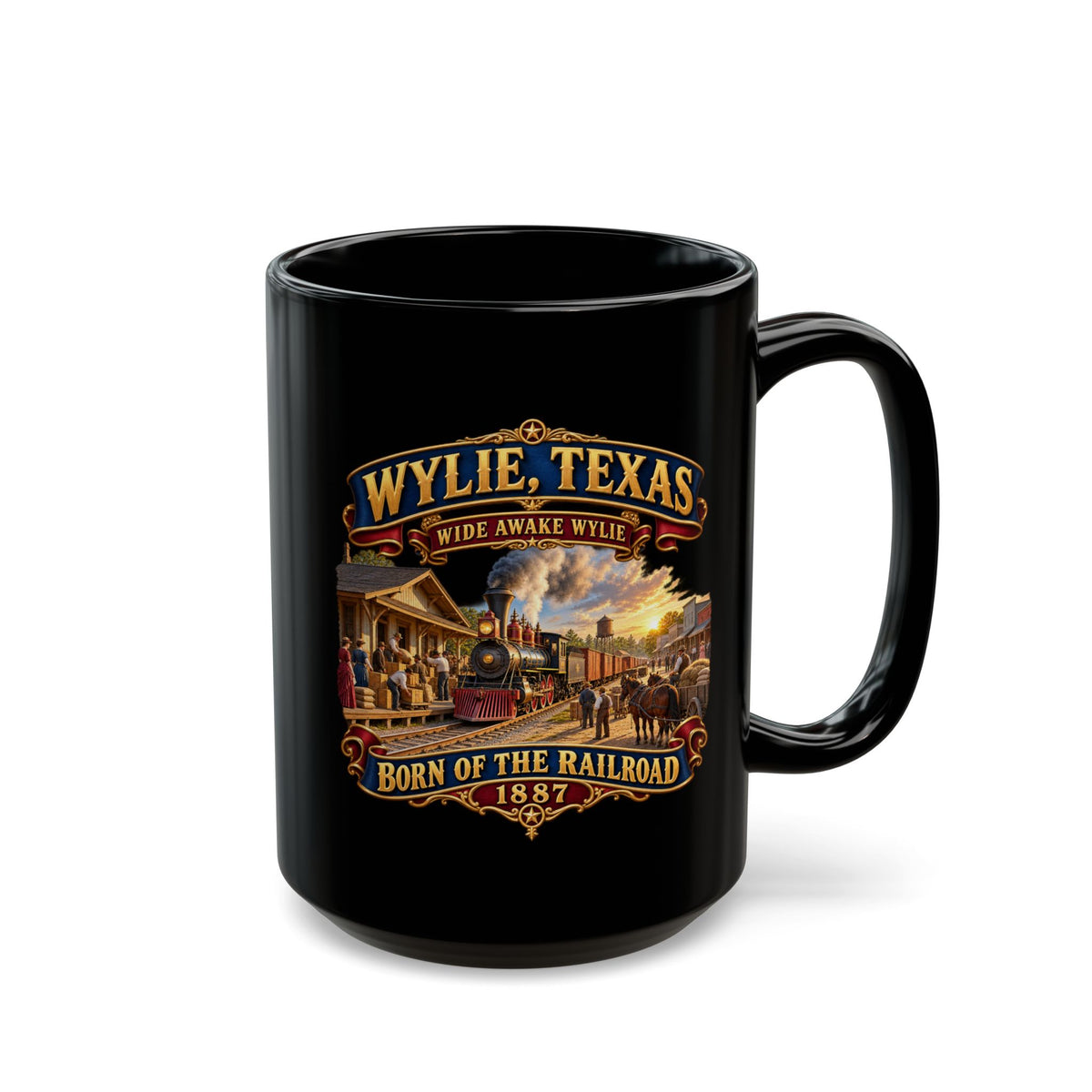 Black Mug (15oz) - Wylie, Texas - Wide Awake Wylie, Born of the Railroad - 1873 - with Train Scene