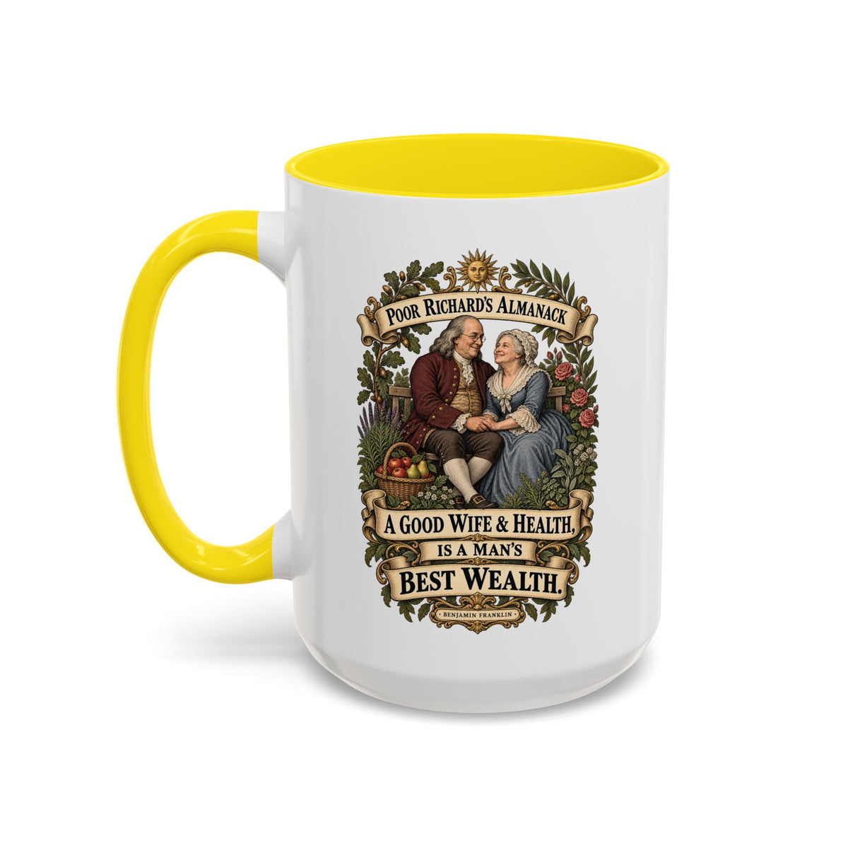Accent Coffee Mug (11, 15oz) - Poor Richards Almanac - A good Wife & Health, is a Man's best Wealth