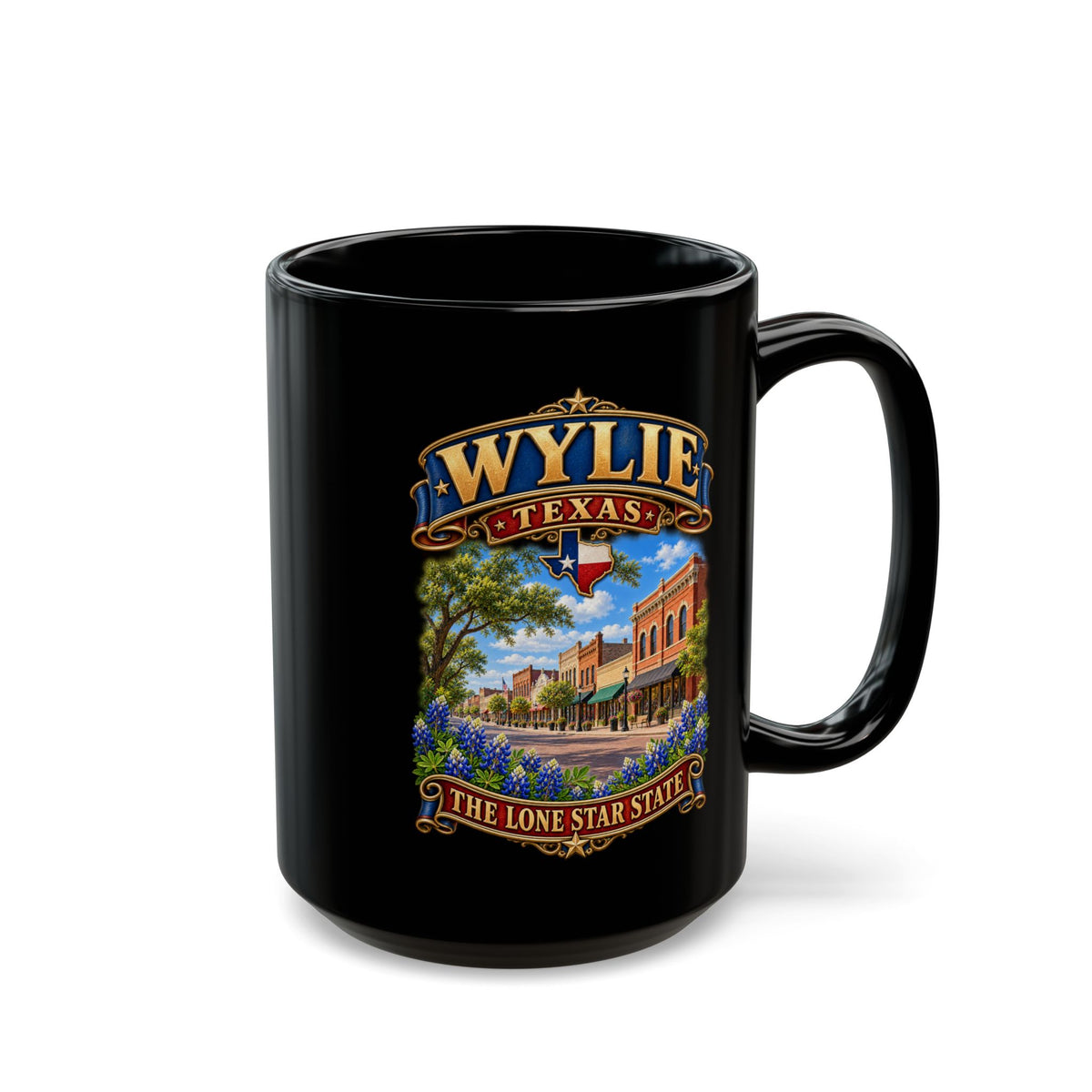 Black Mug (15oz) - Wylie, Texas - Lone Star State with City Scene