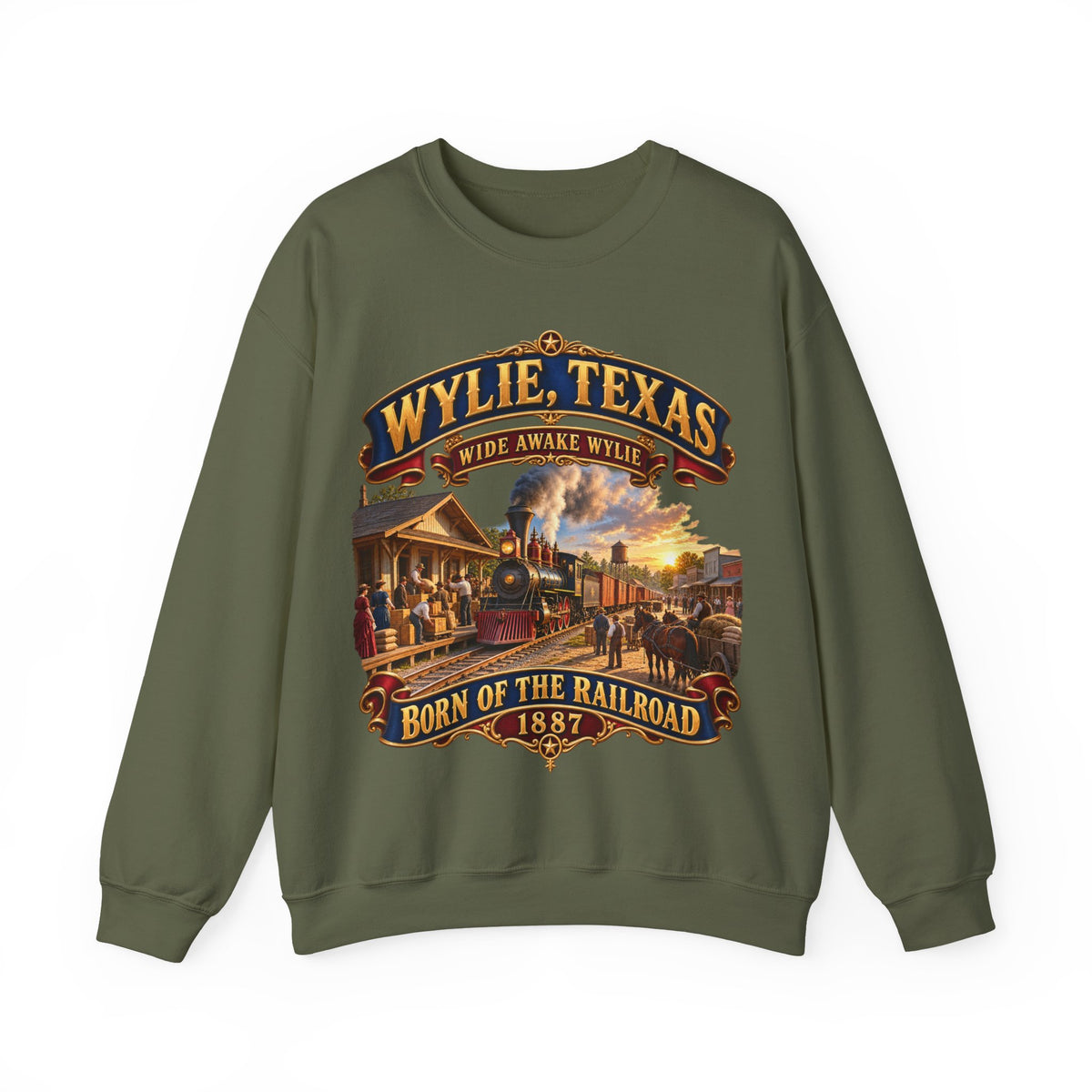 Crewneck Sweatshirt - Wylie, Texas - Wide Awake Wylie, Born of the Railroad - 1873 - with Train Scene