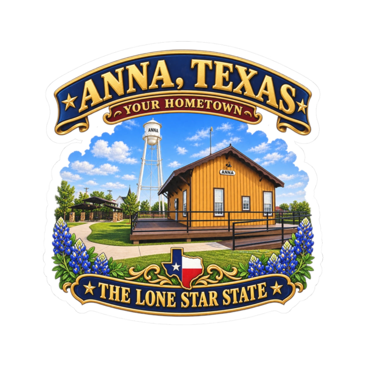 Kiss-Cut Stickers - Anna, Texas - Your Home Town -Lone Star State - with Anna Depot, Sherley Heritage Park, Scene