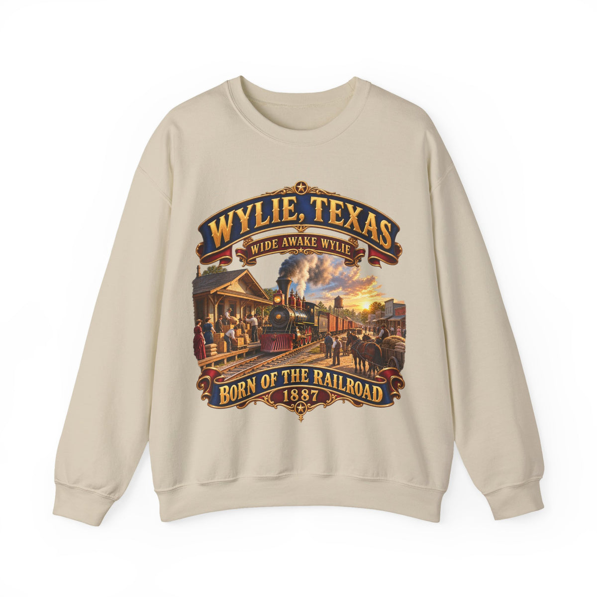 Crewneck Sweatshirt - Wylie, Texas - Wide Awake Wylie, Born of the Railroad - 1873 - with Train Scene