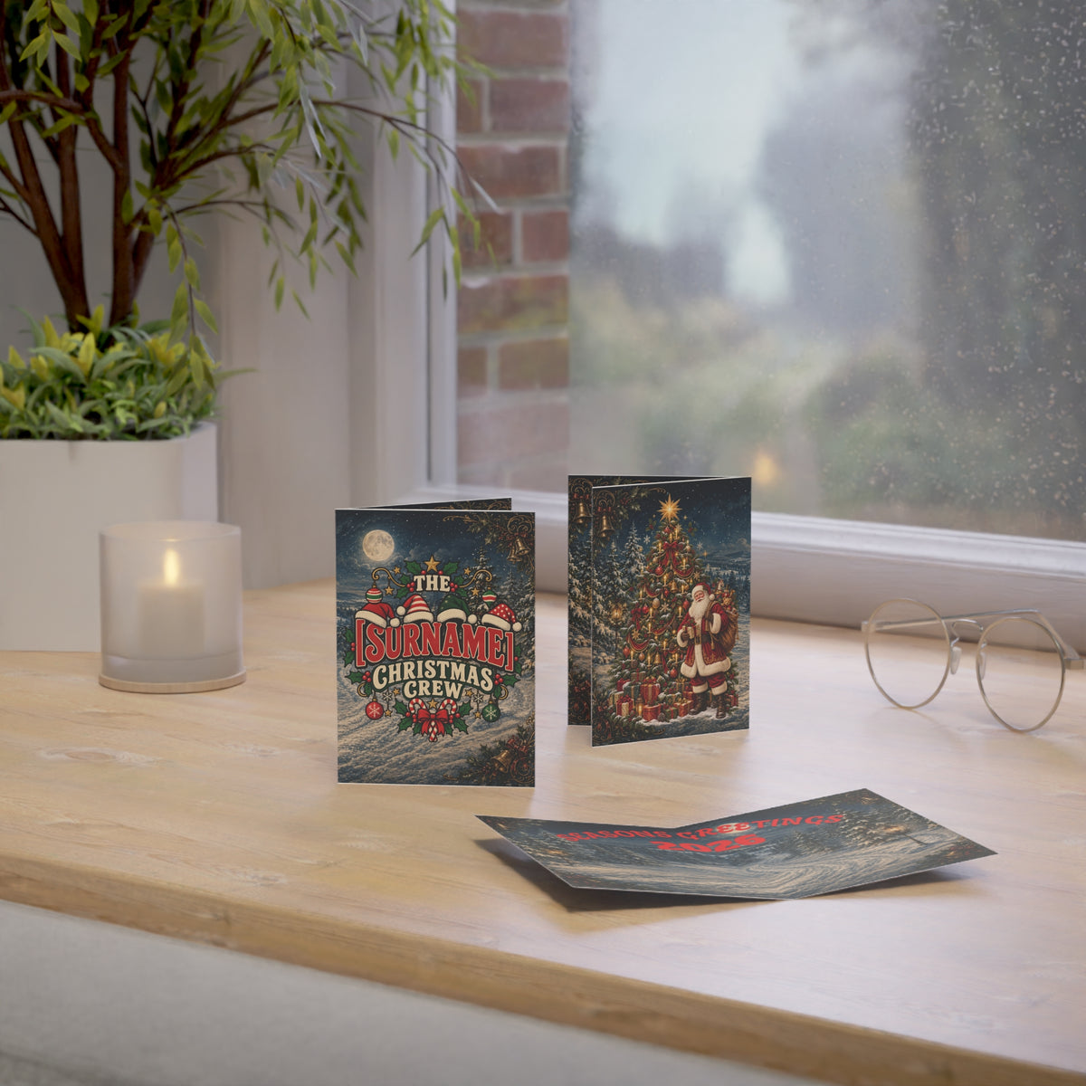 Surname Christmas Crew Greeting Card | Personalized Holiday Card, Santa Tree Design