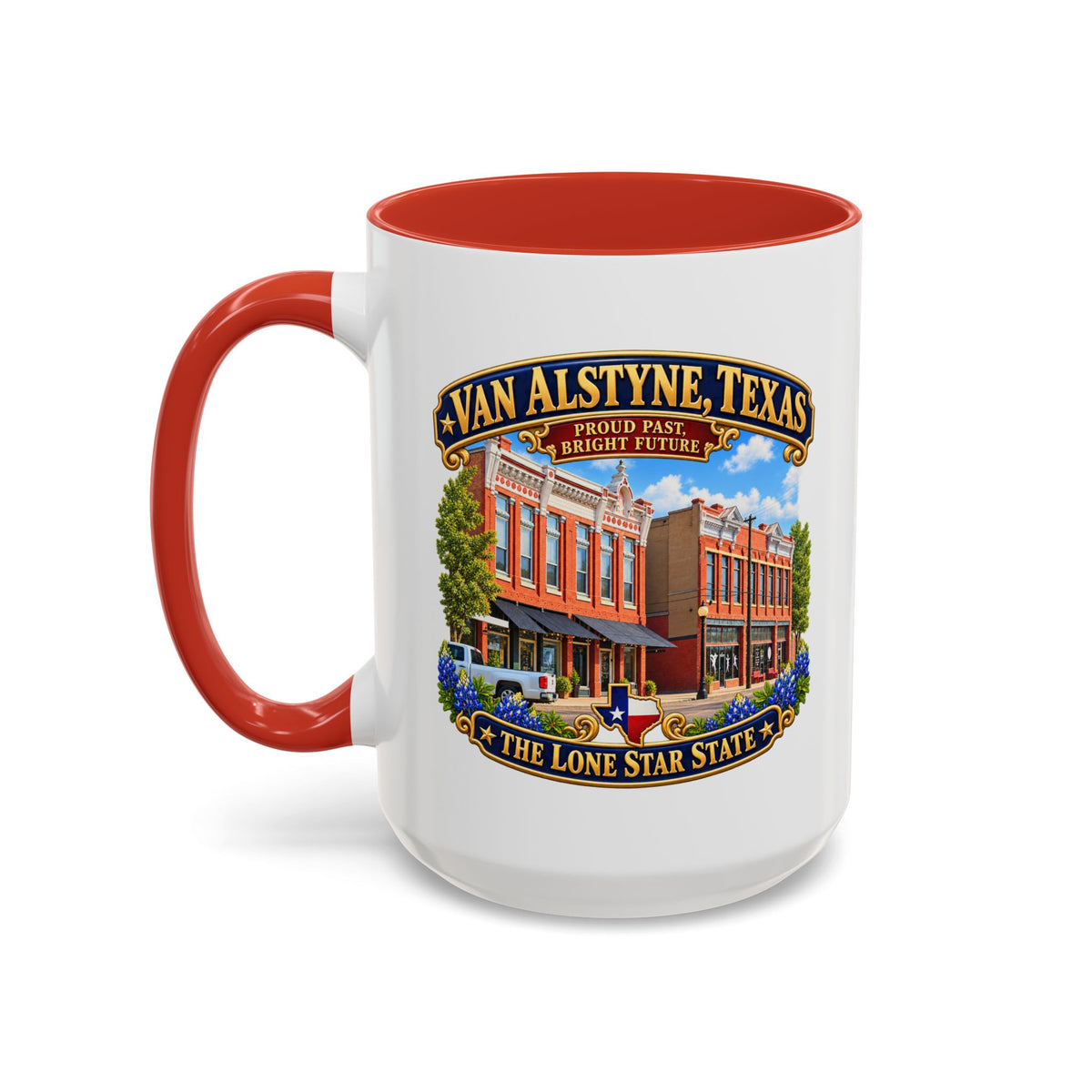 Accent Coffee Mug (11, 15oz) - Van Alstyne, Texas - Proud Past, Bright Future -Lone Star State - with Downtown Architecture Scene