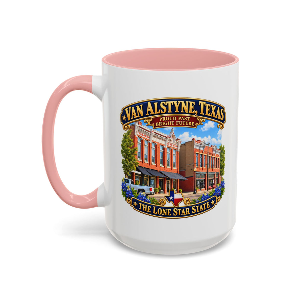 Accent Coffee Mug (11, 15oz) - Van Alstyne, Texas - Proud Past, Bright Future -Lone Star State - with Downtown Architecture Scene