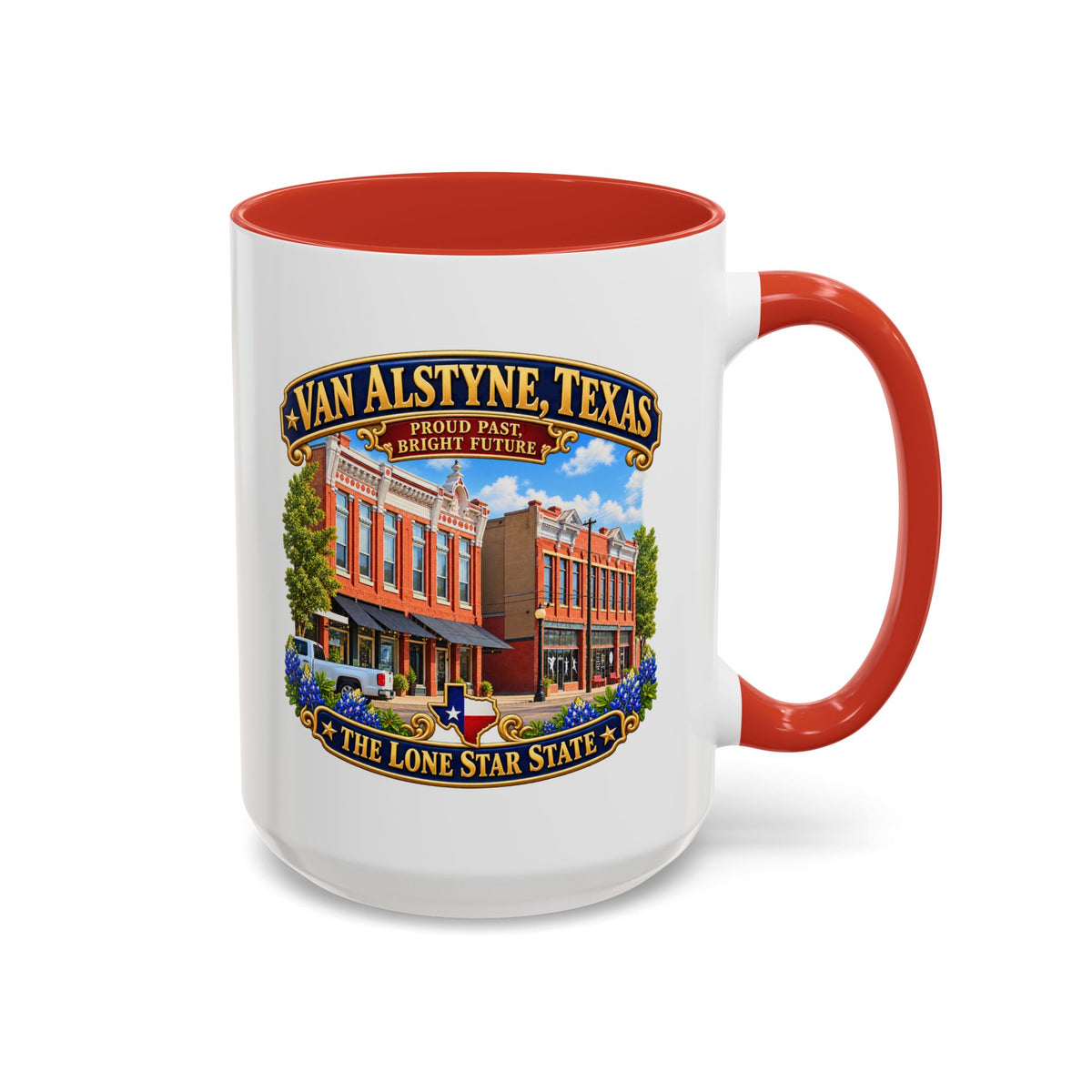 Accent Coffee Mug (11, 15oz) - Van Alstyne, Texas - Proud Past, Bright Future -Lone Star State - with Downtown Architecture Scene