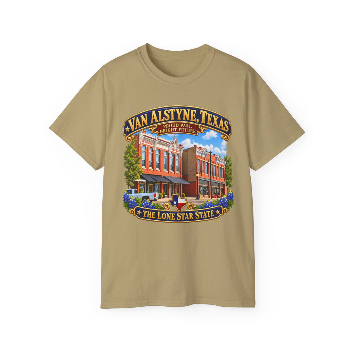 Unisex Ultra Cotton Tee - Van Alstyne, Texas - Proud Past, Bright Future -Lone Star State - with Downtown Architecture Scene