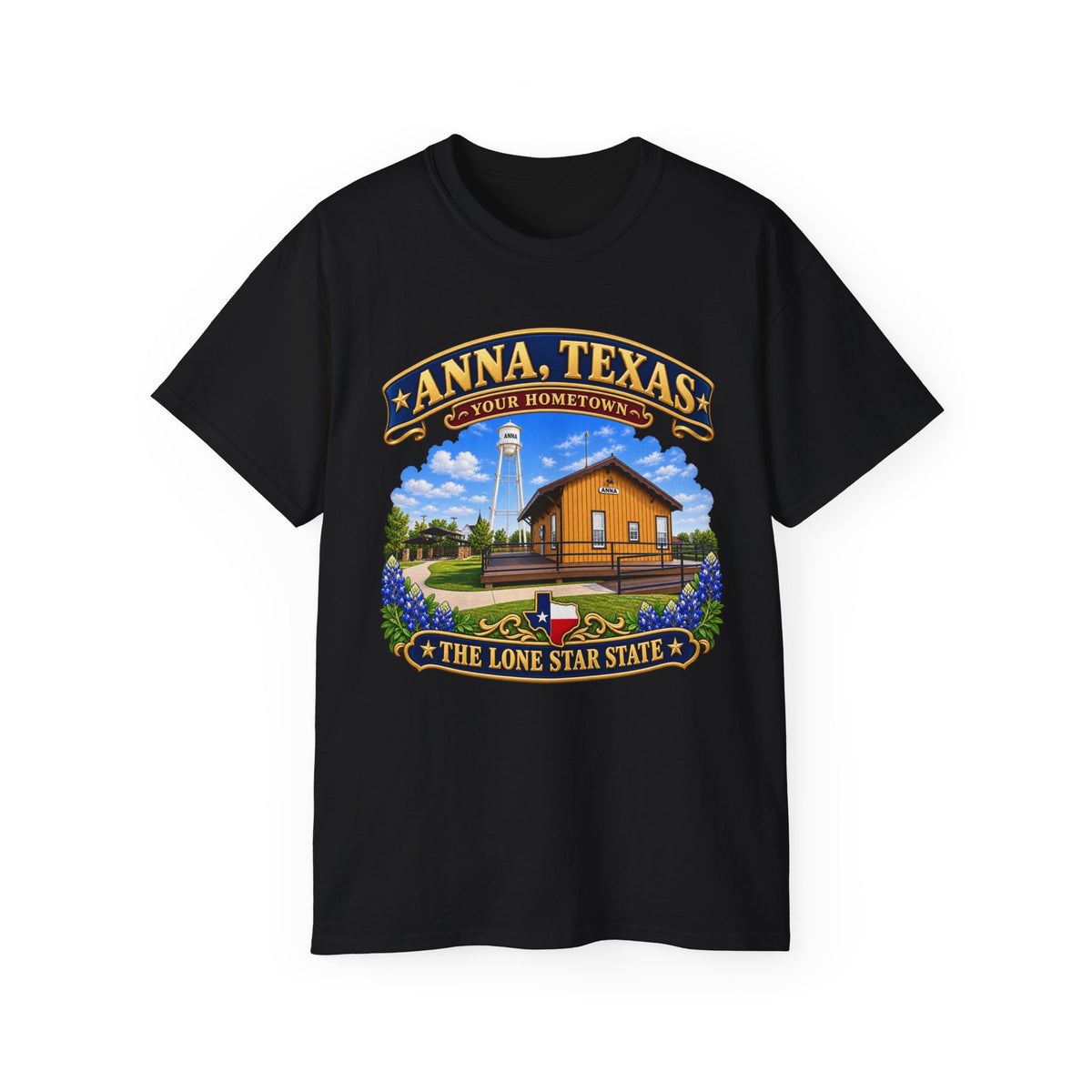 Unisex Ultra Cotton Tee - Anna, Texas - Your Home Town -Lone Star State - with Anna Depot, Sherley Heritage Park, Scene