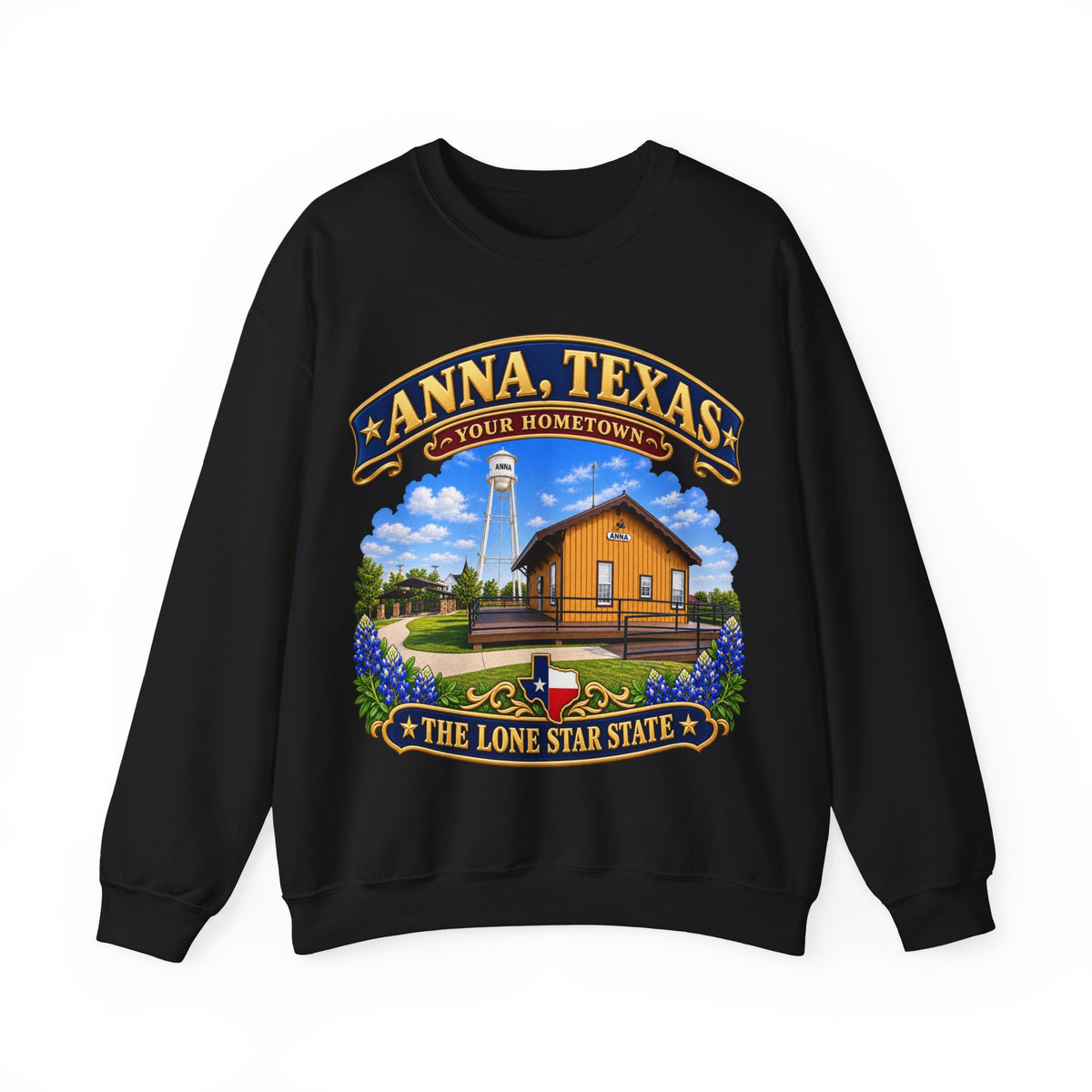 Crewneck Sweatshirt - Anna, Texas - Your Home Town -Lone Star State - with Anna Depot, Sherley Heritage Park, Scene