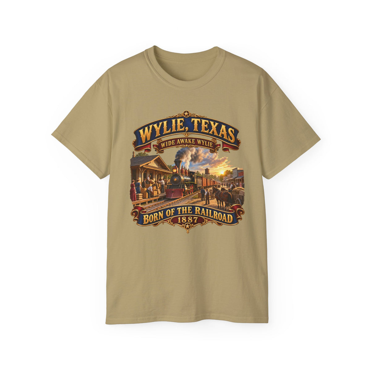 Unisex Ultra Cotton Tee - Wylie, Texas - Wide Awake Wylie, Born of the Railroad - 1873 - with Train Scene