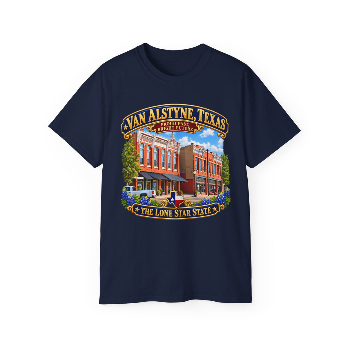 Unisex Ultra Cotton Tee - Van Alstyne, Texas - Proud Past, Bright Future -Lone Star State - with Downtown Architecture Scene