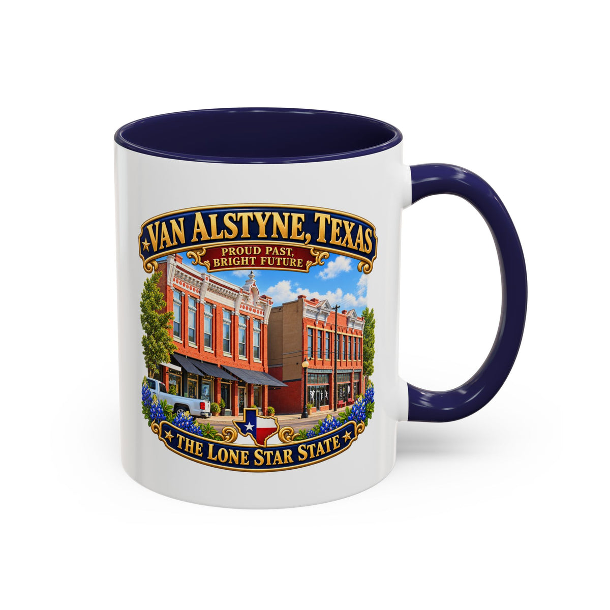 Accent Coffee Mug (11, 15oz) - Van Alstyne, Texas - Proud Past, Bright Future -Lone Star State - with Downtown Architecture Scene