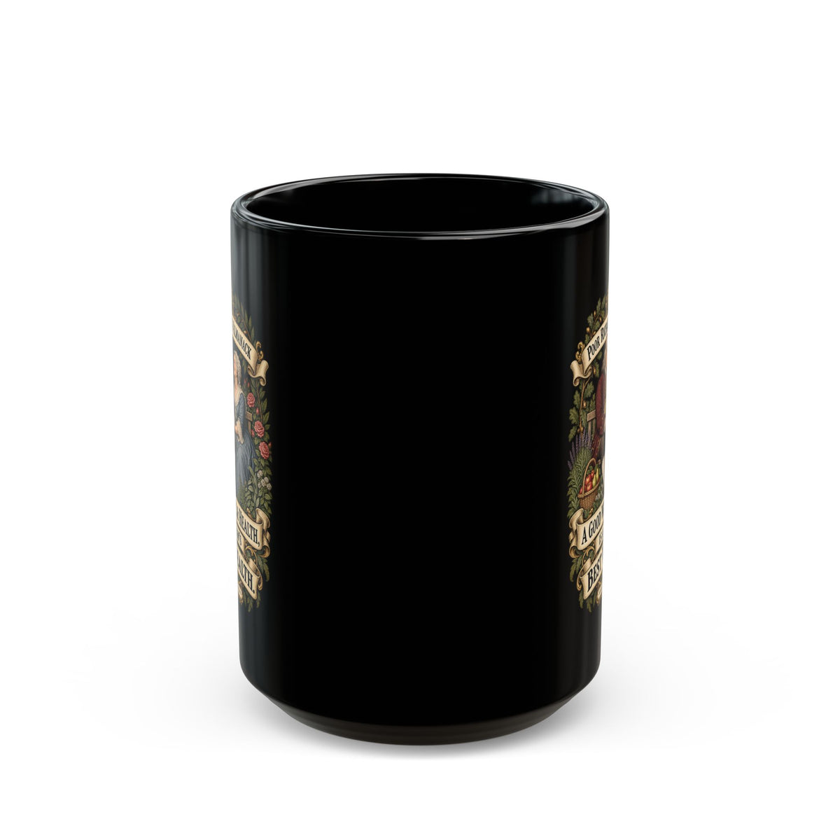 Black Mug  (15oz) - Poor Richards Almanac - A good Wife & Health, is a Man's best Wealth