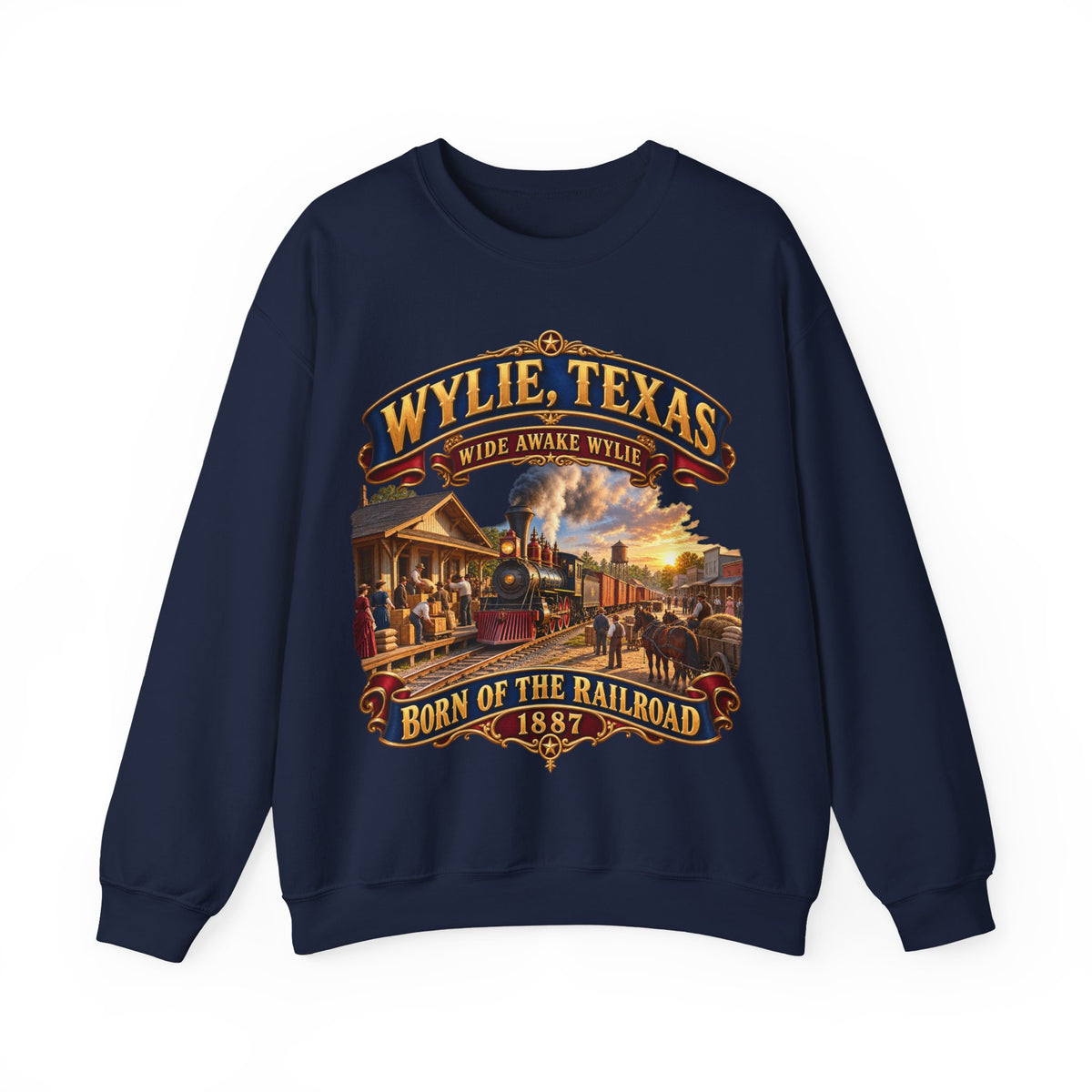 Crewneck Sweatshirt - Wylie, Texas - Wide Awake Wylie, Born of the Railroad - 1873 - with Train Scene