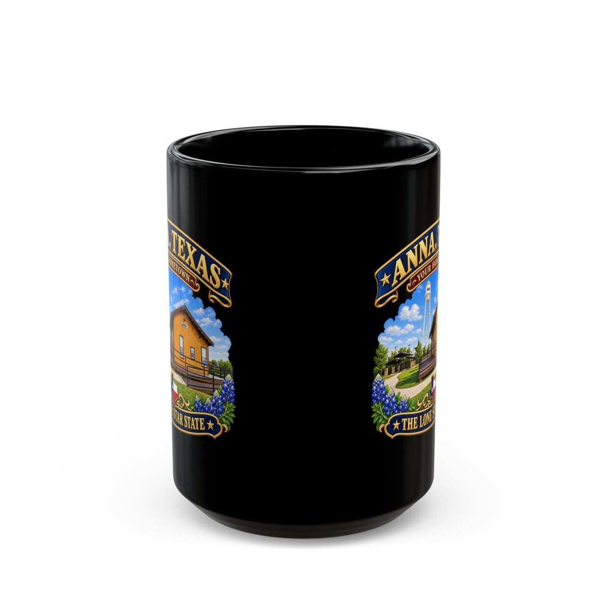 Black Mug  (15oz) - Anna, Texas - Your Home Town -Lone Star State - with Anna Depot, Sherley Heritage Park, Scene