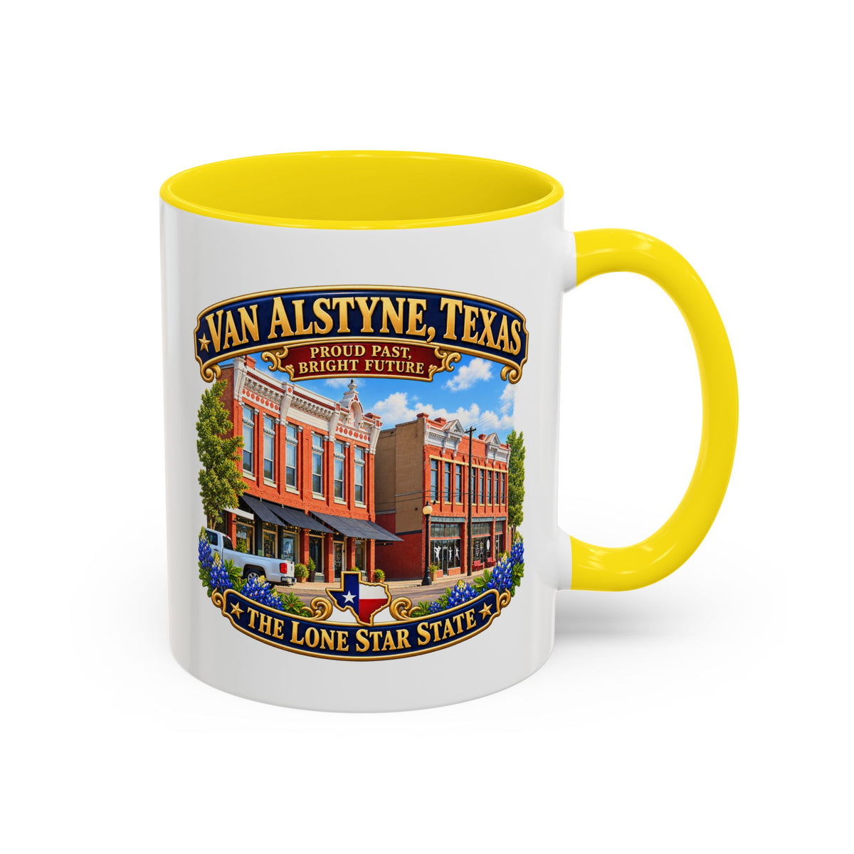Accent Coffee Mug (11, 15oz) - Van Alstyne, Texas - Proud Past, Bright Future -Lone Star State - with Downtown Architecture Scene