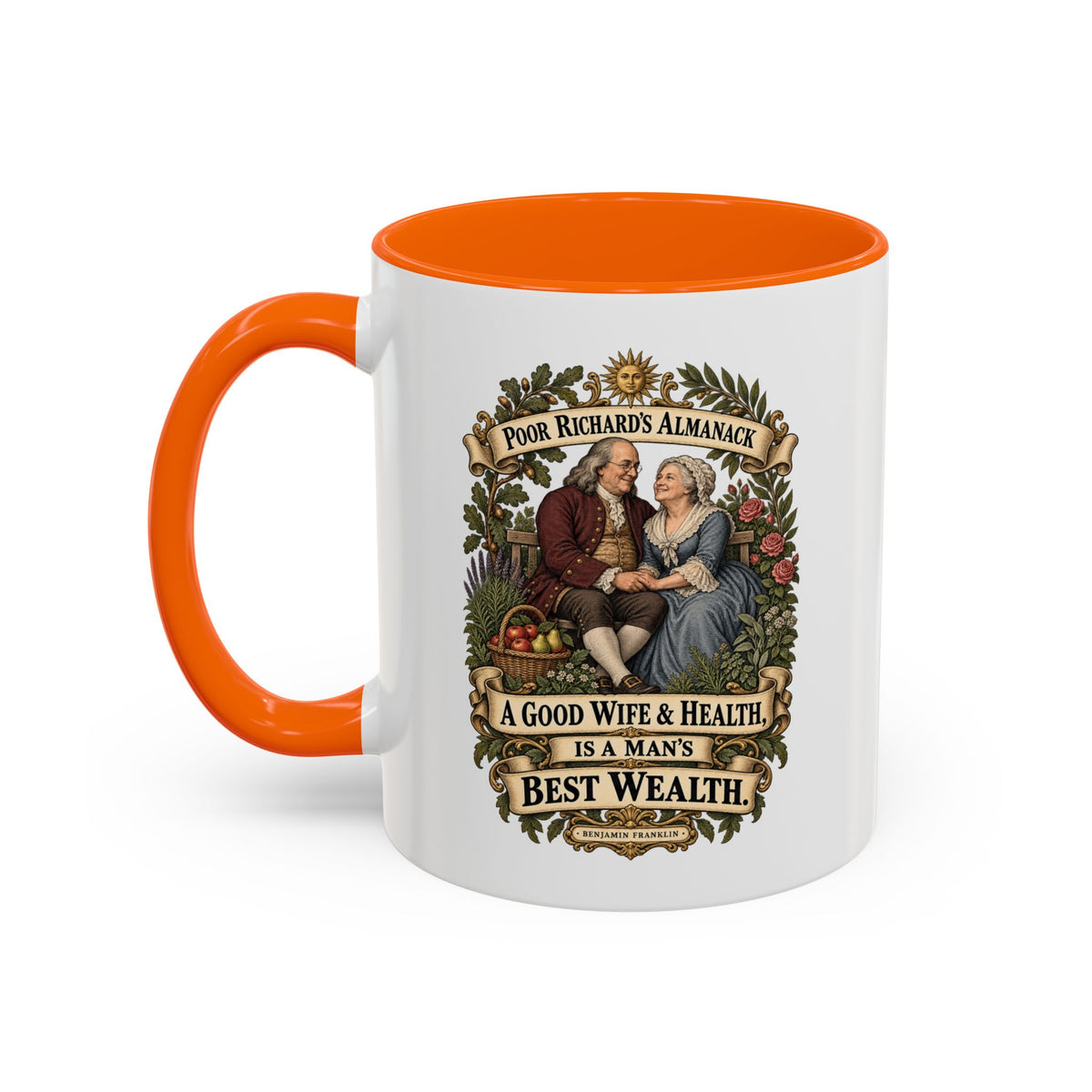 Accent Coffee Mug (11, 15oz) - Poor Richards Almanac - A good Wife & Health, is a Man's best Wealth