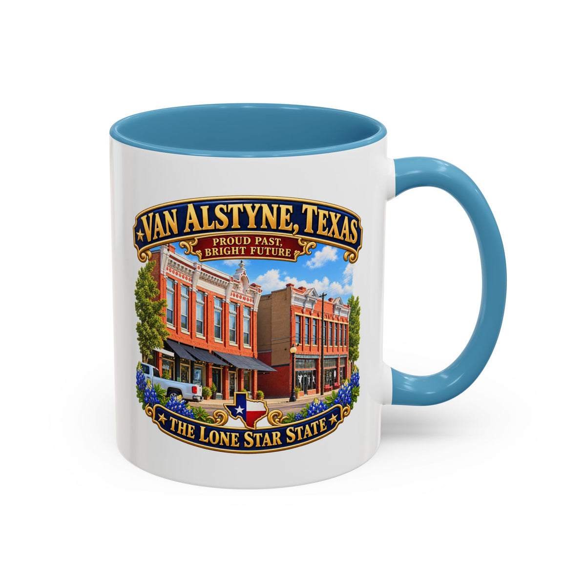 Accent Coffee Mug (11, 15oz) - Van Alstyne, Texas - Proud Past, Bright Future -Lone Star State - with Downtown Architecture Scene