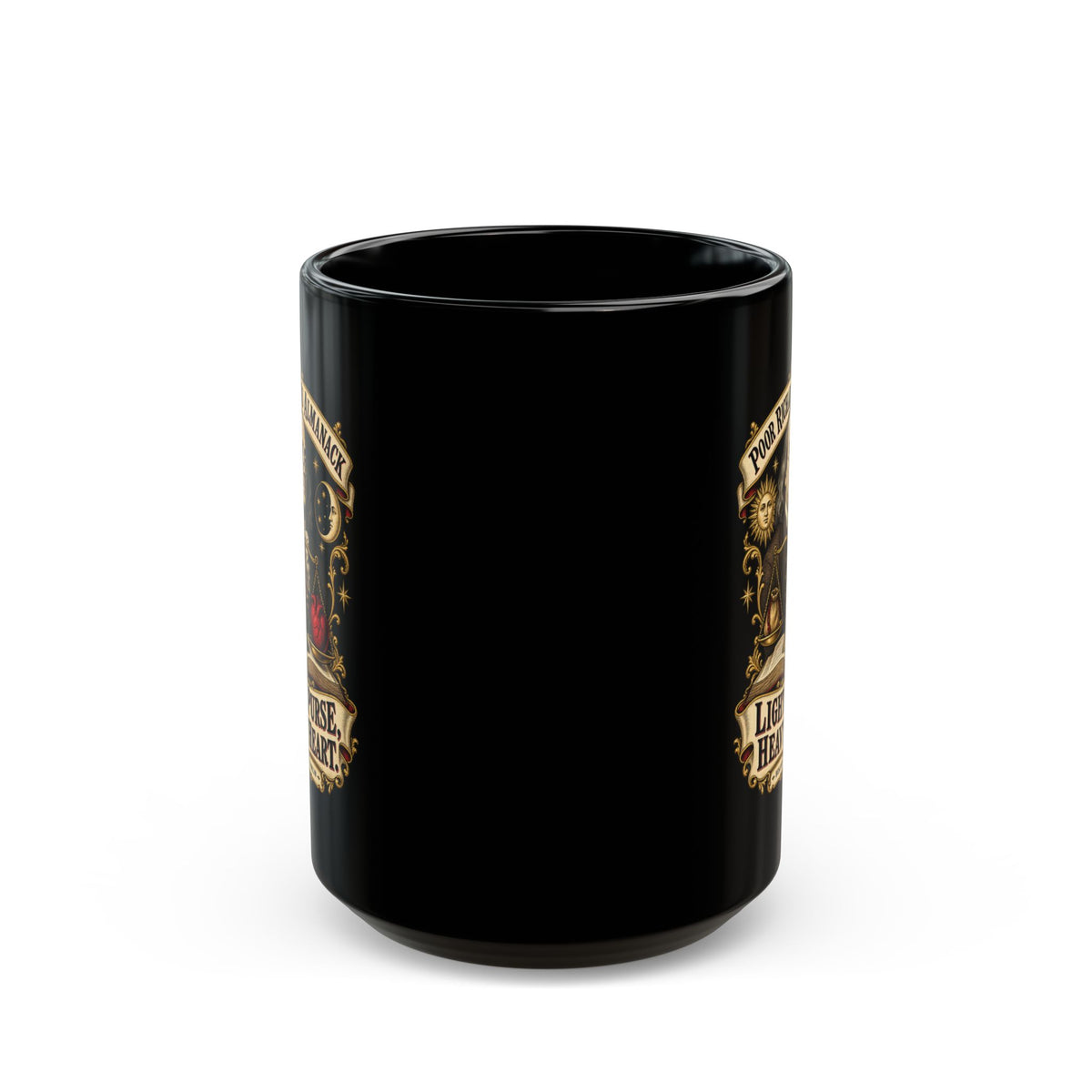 Black Mug  (15oz) - Poor Richards Almanac - Light Purse, Heavy Heart