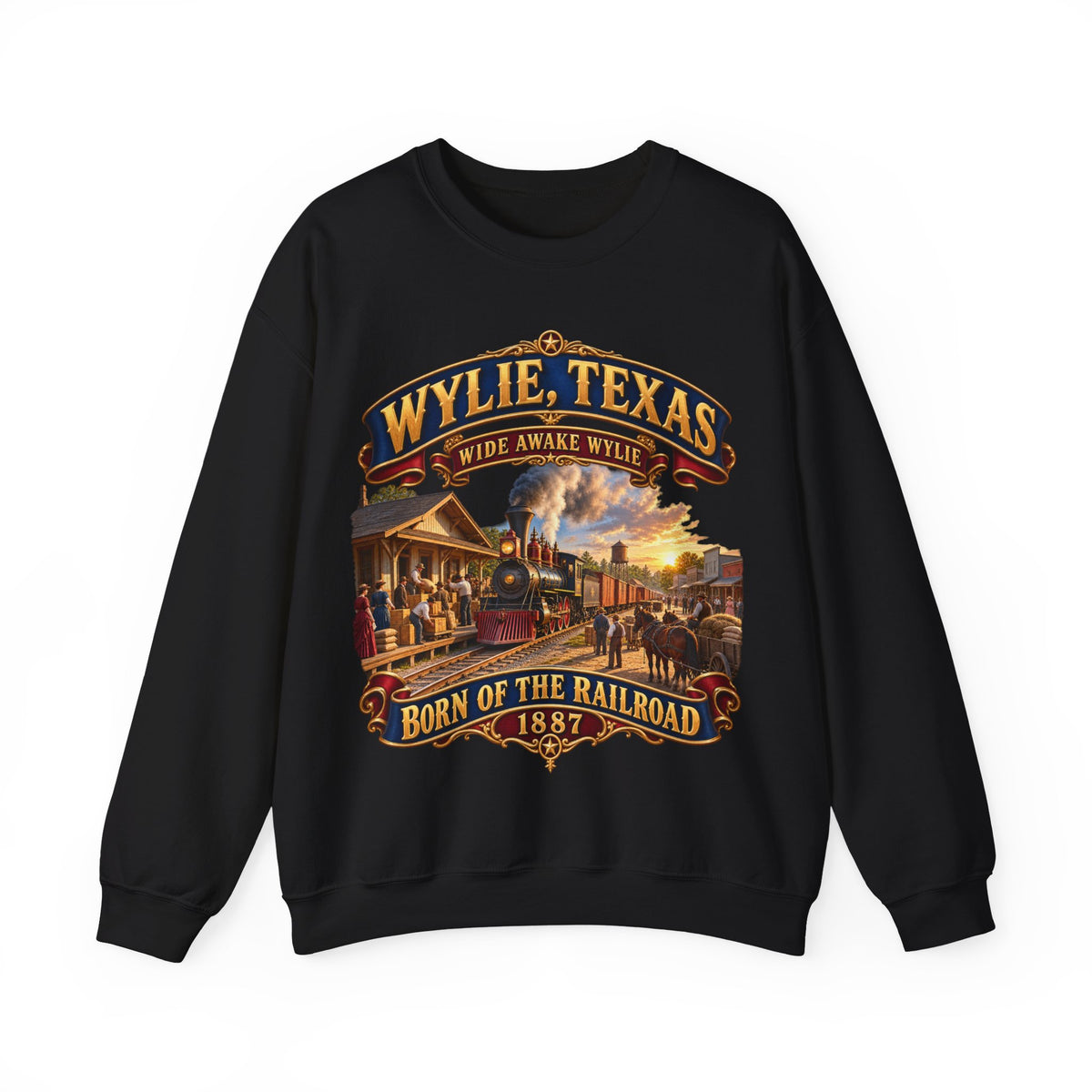 Crewneck Sweatshirt - Wylie, Texas - Wide Awake Wylie, Born of the Railroad - 1873 - with Train Scene