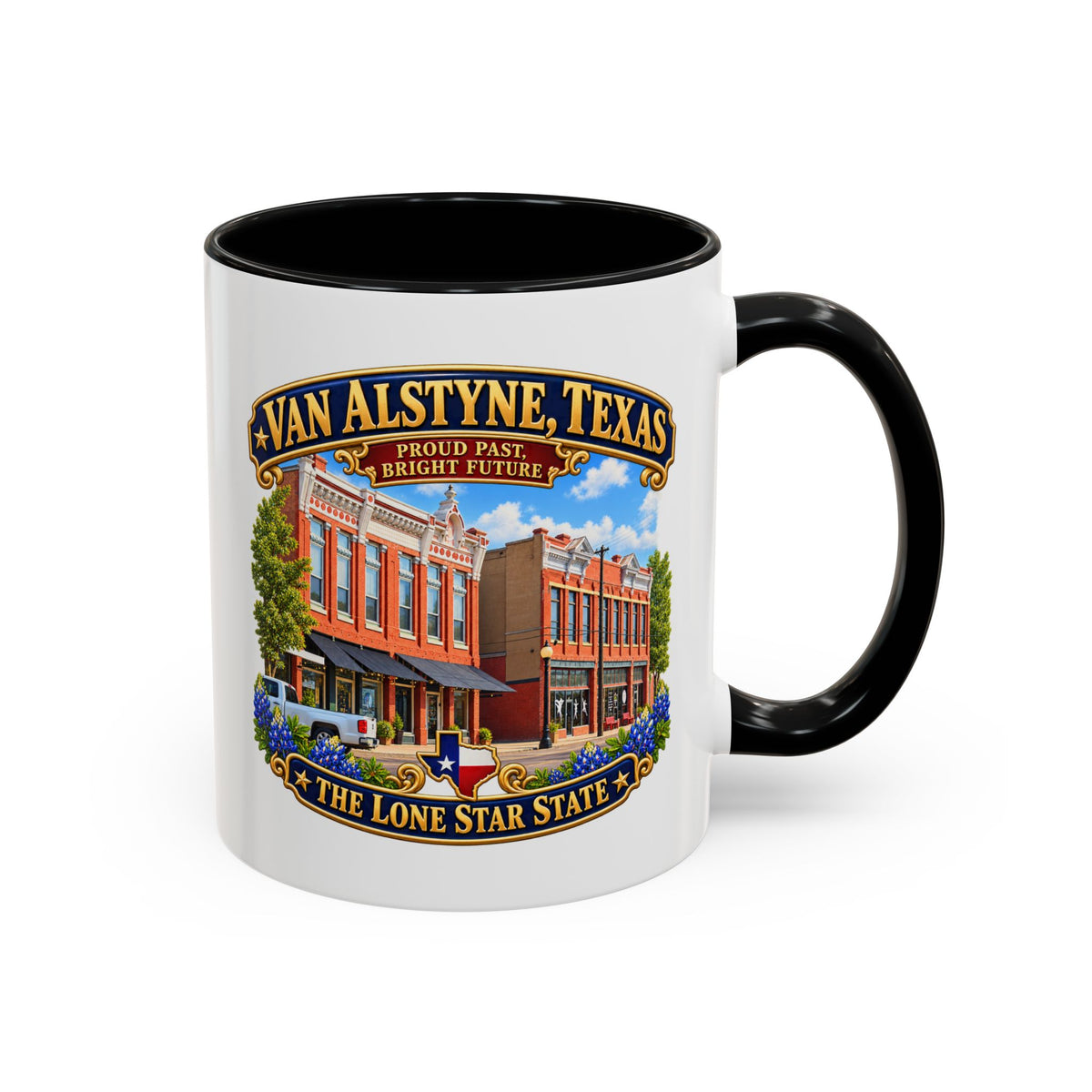 Accent Coffee Mug (11, 15oz) - Van Alstyne, Texas - Proud Past, Bright Future -Lone Star State - with Downtown Architecture Scene
