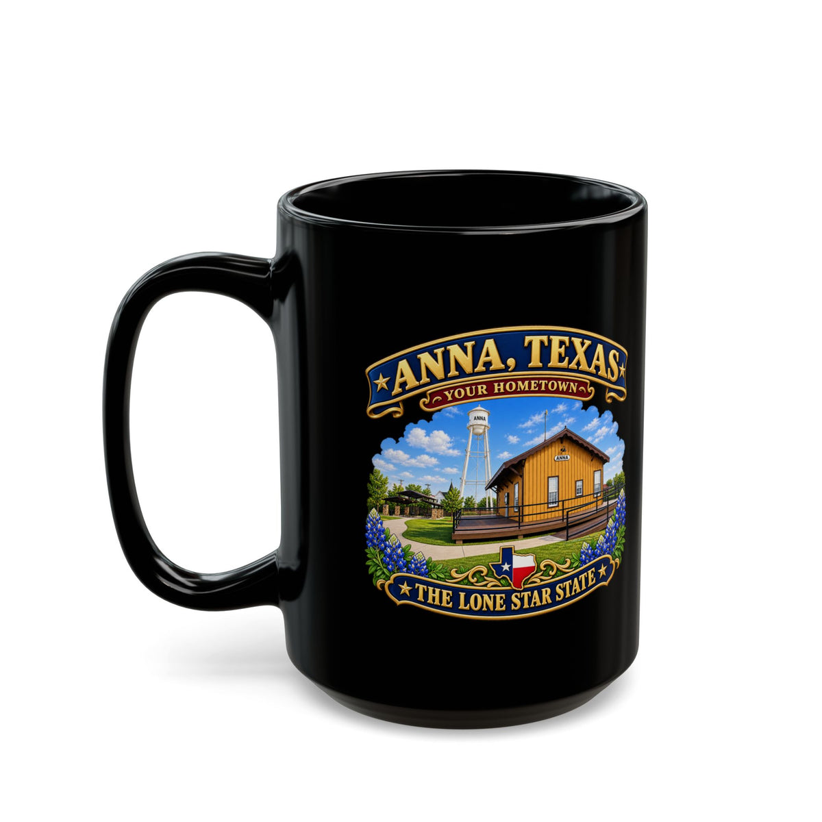 Black Mug  (15oz) - Anna, Texas - Your Home Town -Lone Star State - with Anna Depot, Sherley Heritage Park, Scene