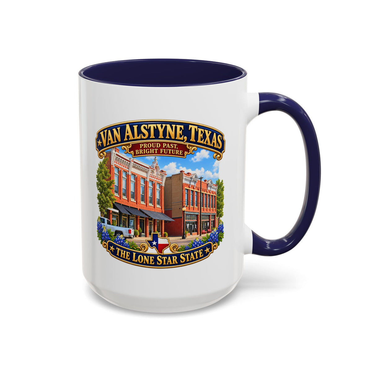 Accent Coffee Mug (11, 15oz) - Van Alstyne, Texas - Proud Past, Bright Future -Lone Star State - with Downtown Architecture Scene