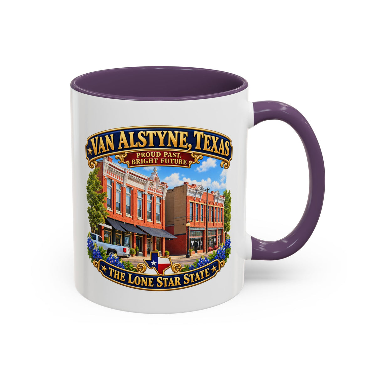 Accent Coffee Mug (11, 15oz) - Van Alstyne, Texas - Proud Past, Bright Future -Lone Star State - with Downtown Architecture Scene