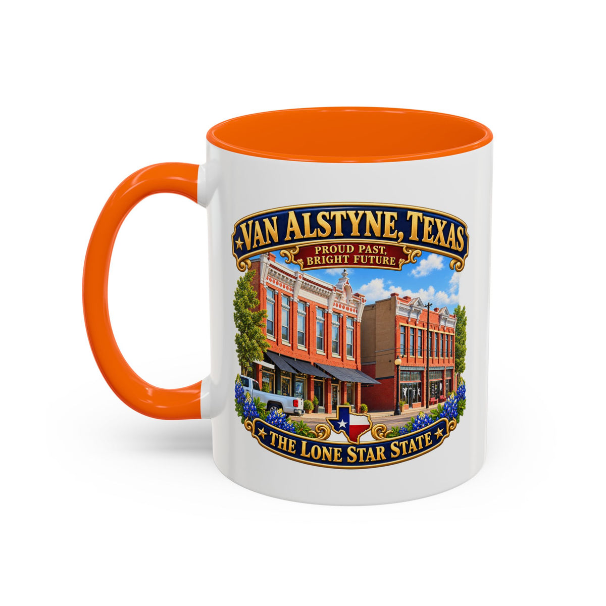 Accent Coffee Mug (11, 15oz) - Van Alstyne, Texas - Proud Past, Bright Future -Lone Star State - with Downtown Architecture Scene