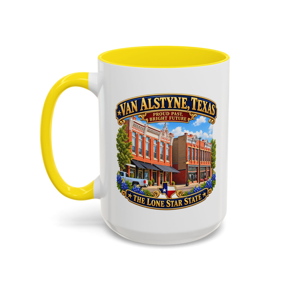 Accent Coffee Mug (11, 15oz) - Van Alstyne, Texas - Proud Past, Bright Future -Lone Star State - with Downtown Architecture Scene