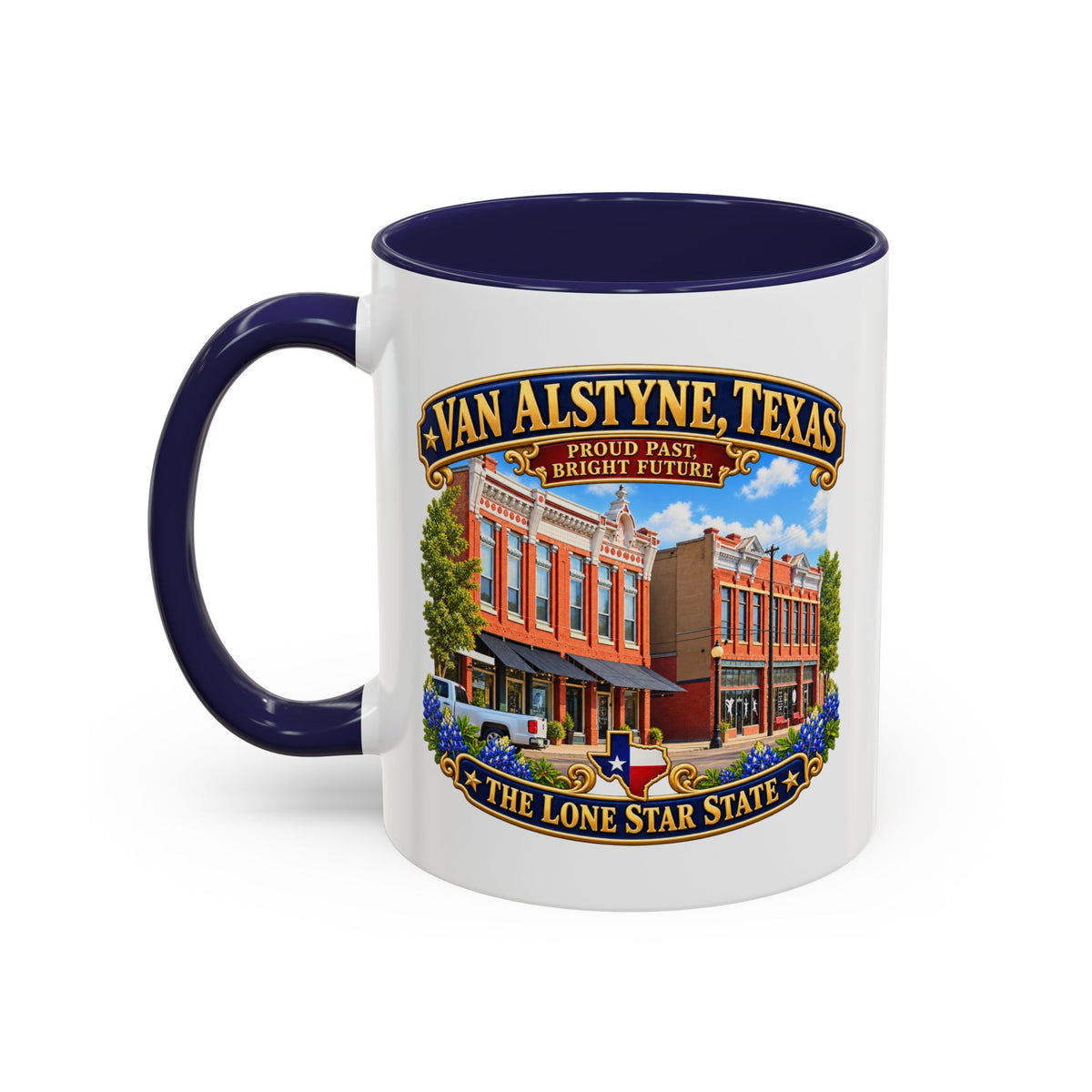 Accent Coffee Mug (11, 15oz) - Van Alstyne, Texas - Proud Past, Bright Future -Lone Star State - with Downtown Architecture Scene
