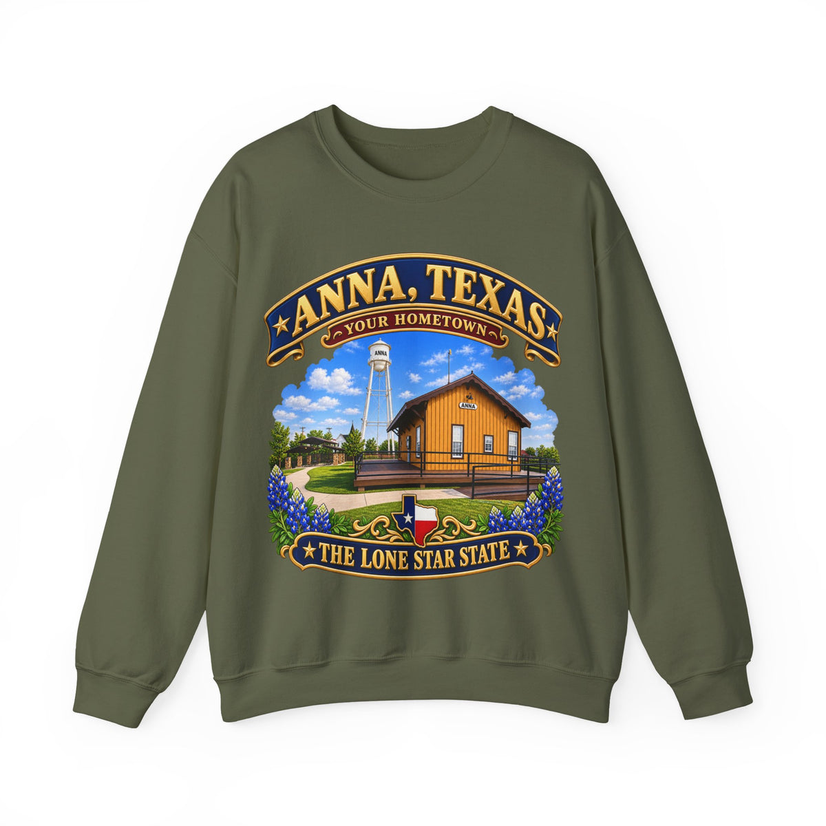 Crewneck Sweatshirt - Anna, Texas - Your Home Town -Lone Star State - with Anna Depot, Sherley Heritage Park, Scene