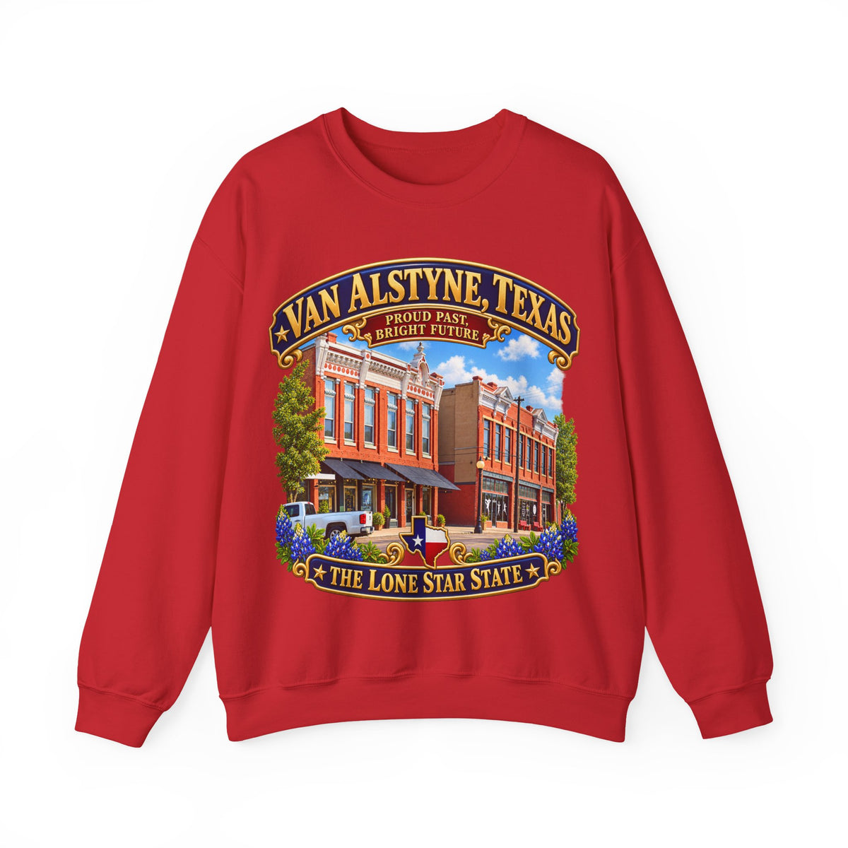 Crewneck Sweatshirt - Van Alstyne, Texas - Proud Past, Bright Future -Lone Star State - with Downtown Architecture Scene