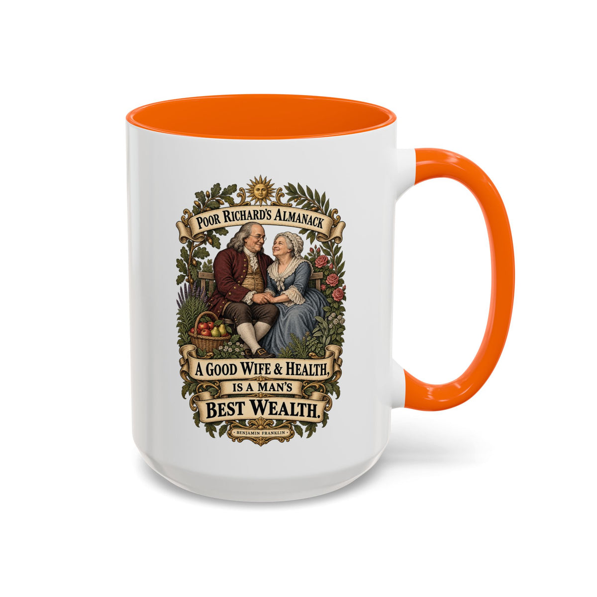 Accent Coffee Mug (11, 15oz) - Poor Richards Almanac - A good Wife & Health, is a Man's best Wealth