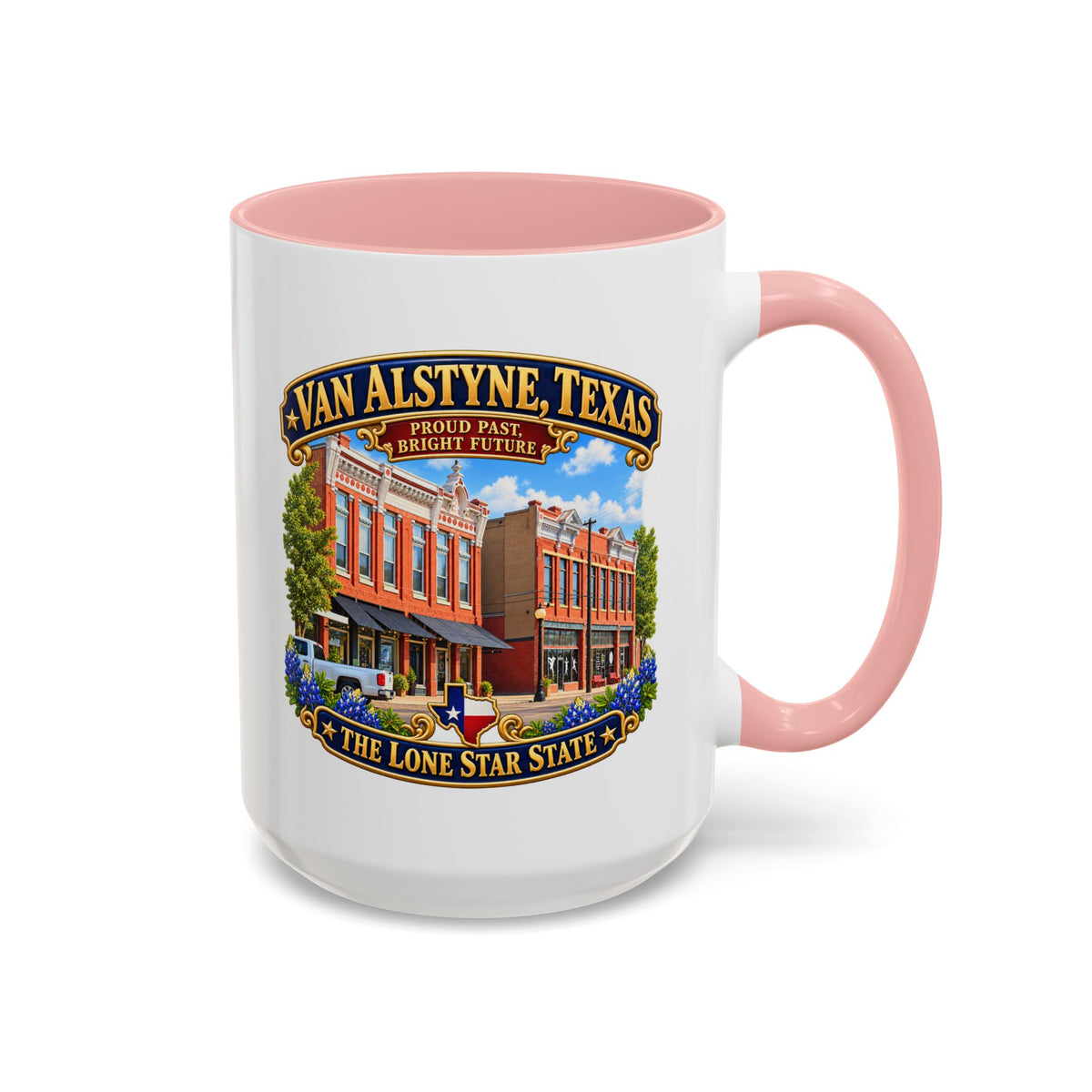 Accent Coffee Mug (11, 15oz) - Van Alstyne, Texas - Proud Past, Bright Future -Lone Star State - with Downtown Architecture Scene