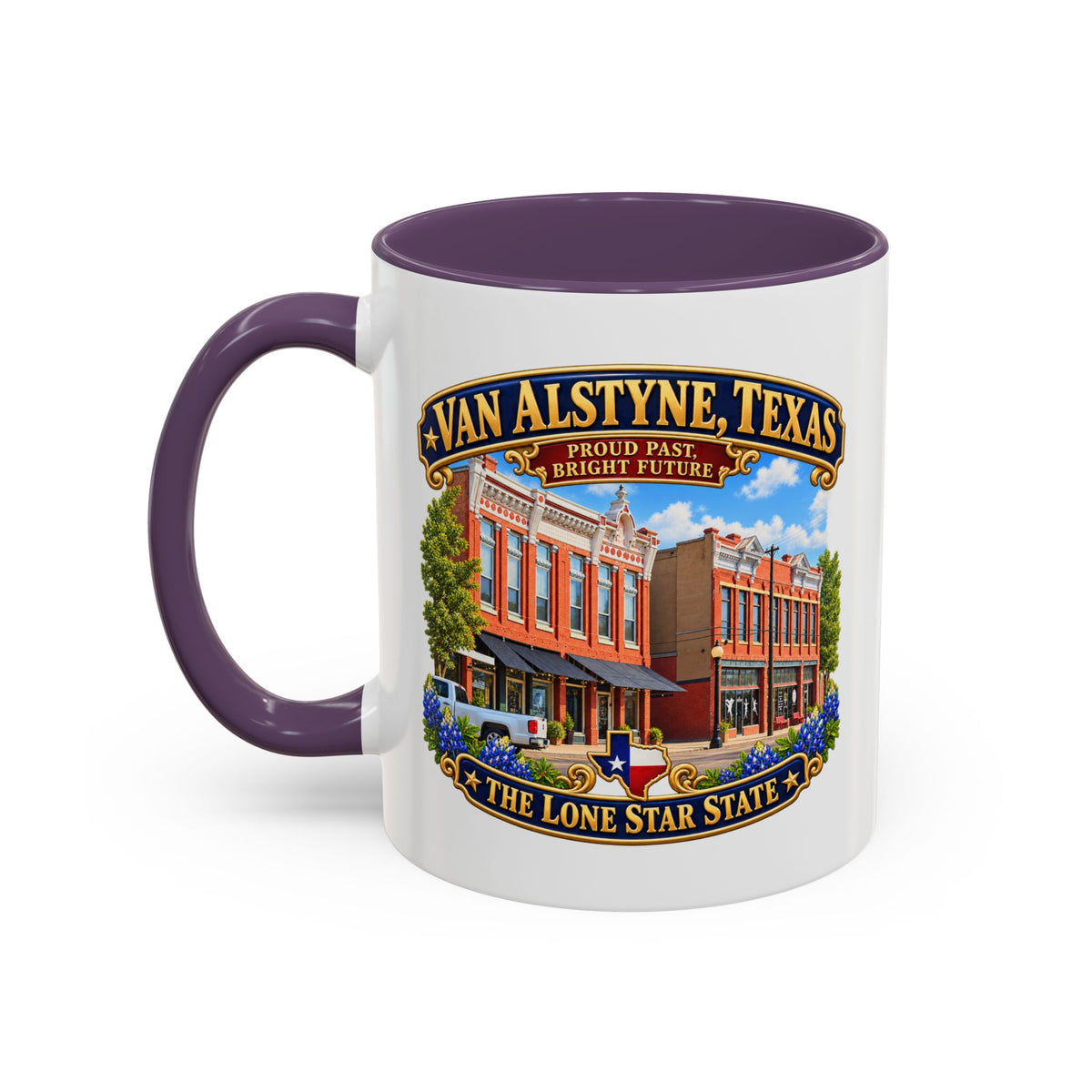Accent Coffee Mug (11, 15oz) - Van Alstyne, Texas - Proud Past, Bright Future -Lone Star State - with Downtown Architecture Scene