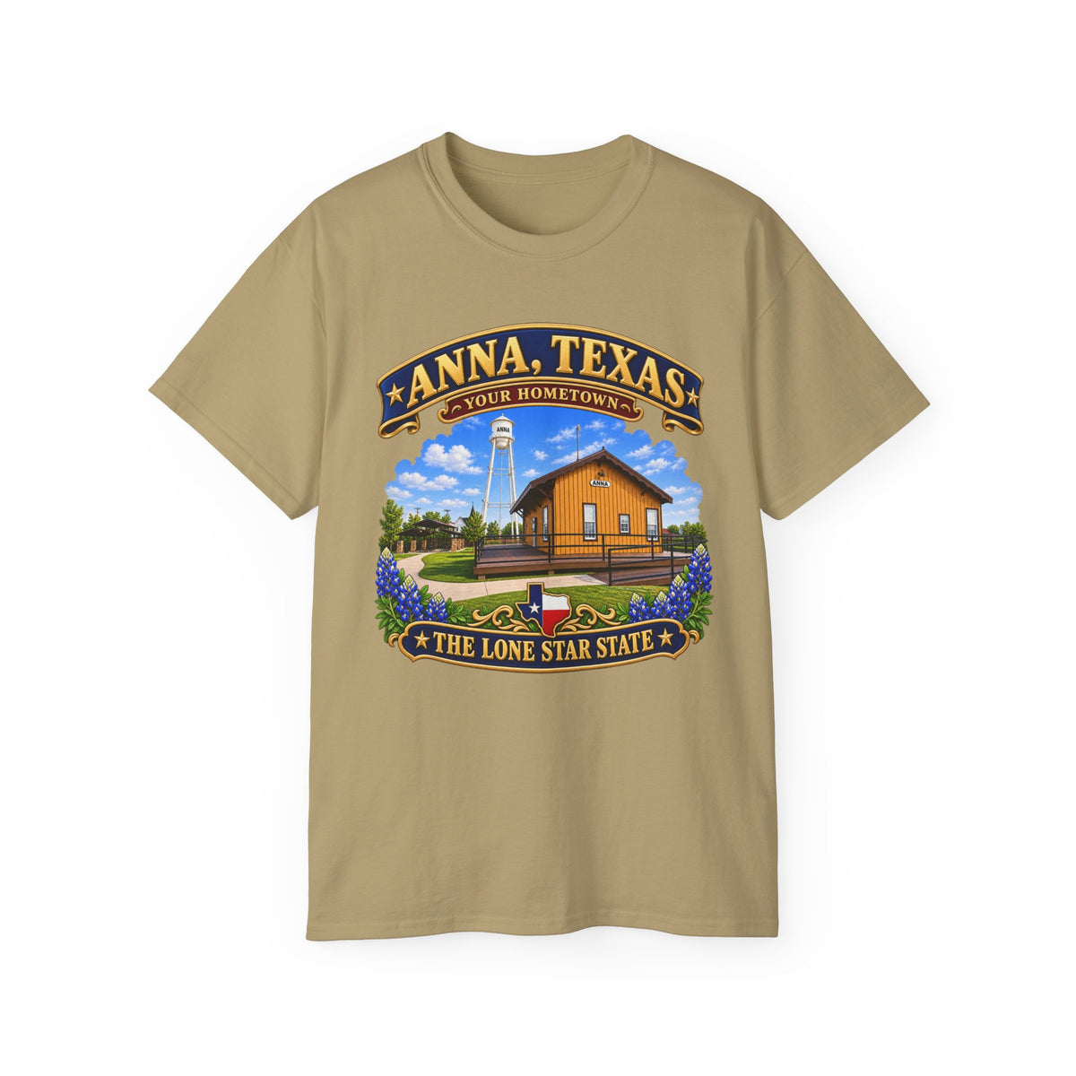 Unisex Ultra Cotton Tee - Anna, Texas - Your Home Town -Lone Star State - with Anna Depot, Sherley Heritage Park, Scene