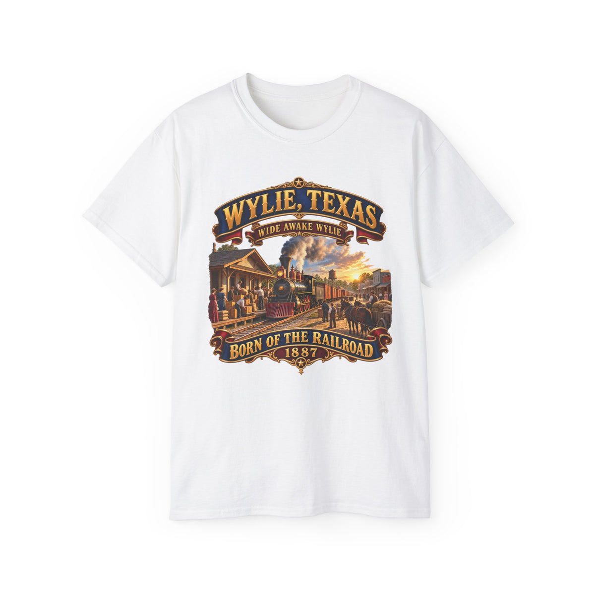 Unisex Ultra Cotton Tee - Wylie, Texas - Wide Awake Wylie, Born of the Railroad - 1873 - with Train Scene