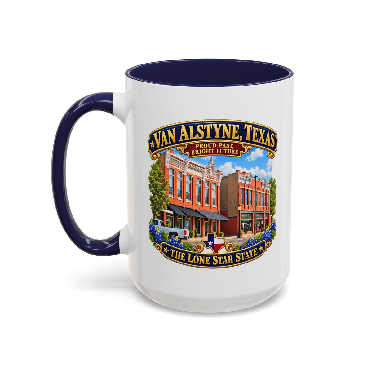 Accent Coffee Mug (11, 15oz) - Van Alstyne, Texas - Proud Past, Bright Future -Lone Star State - with Downtown Architecture Scene