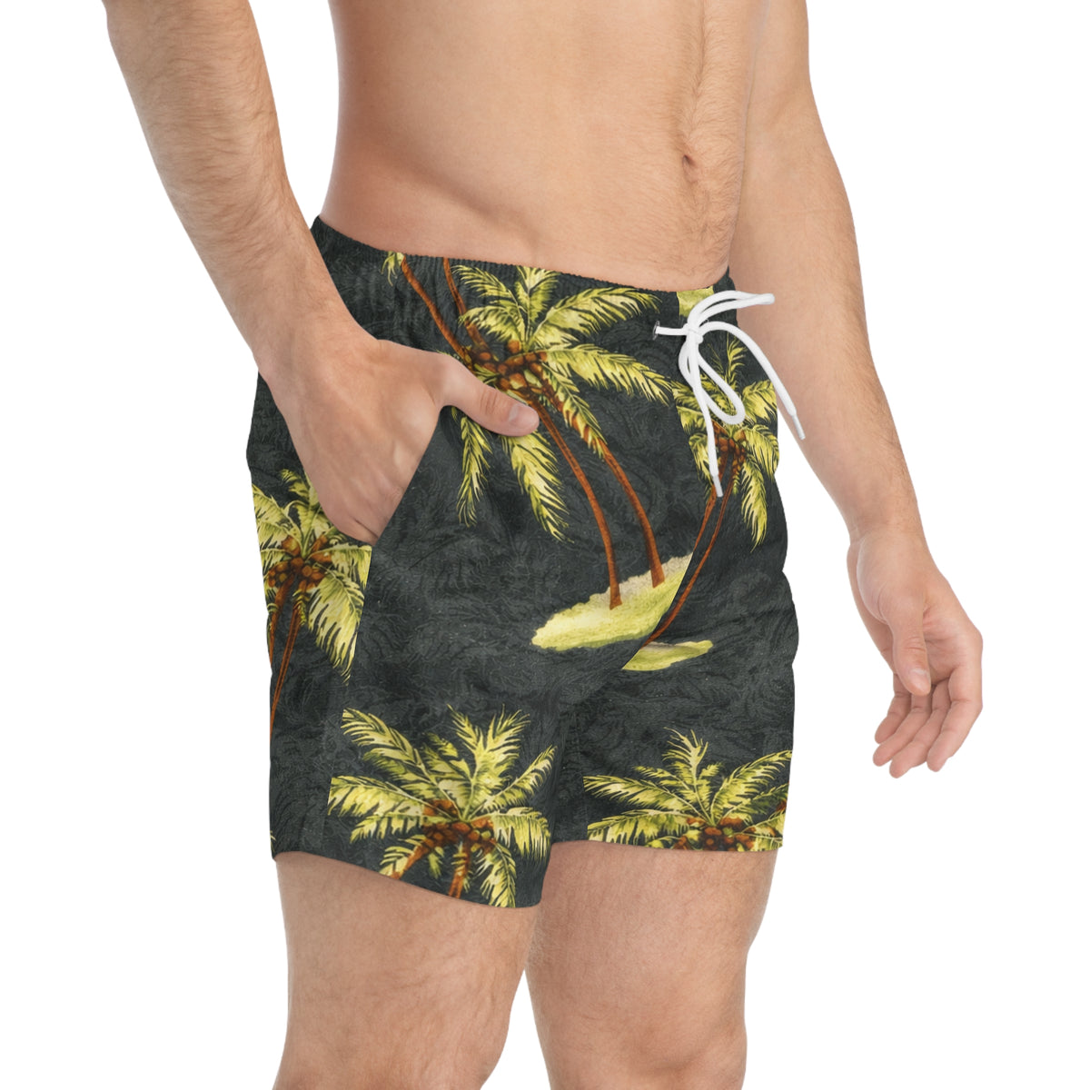 Tropical Palm Island Swim Trunks — Vintage Hawaiian Beach Shorts