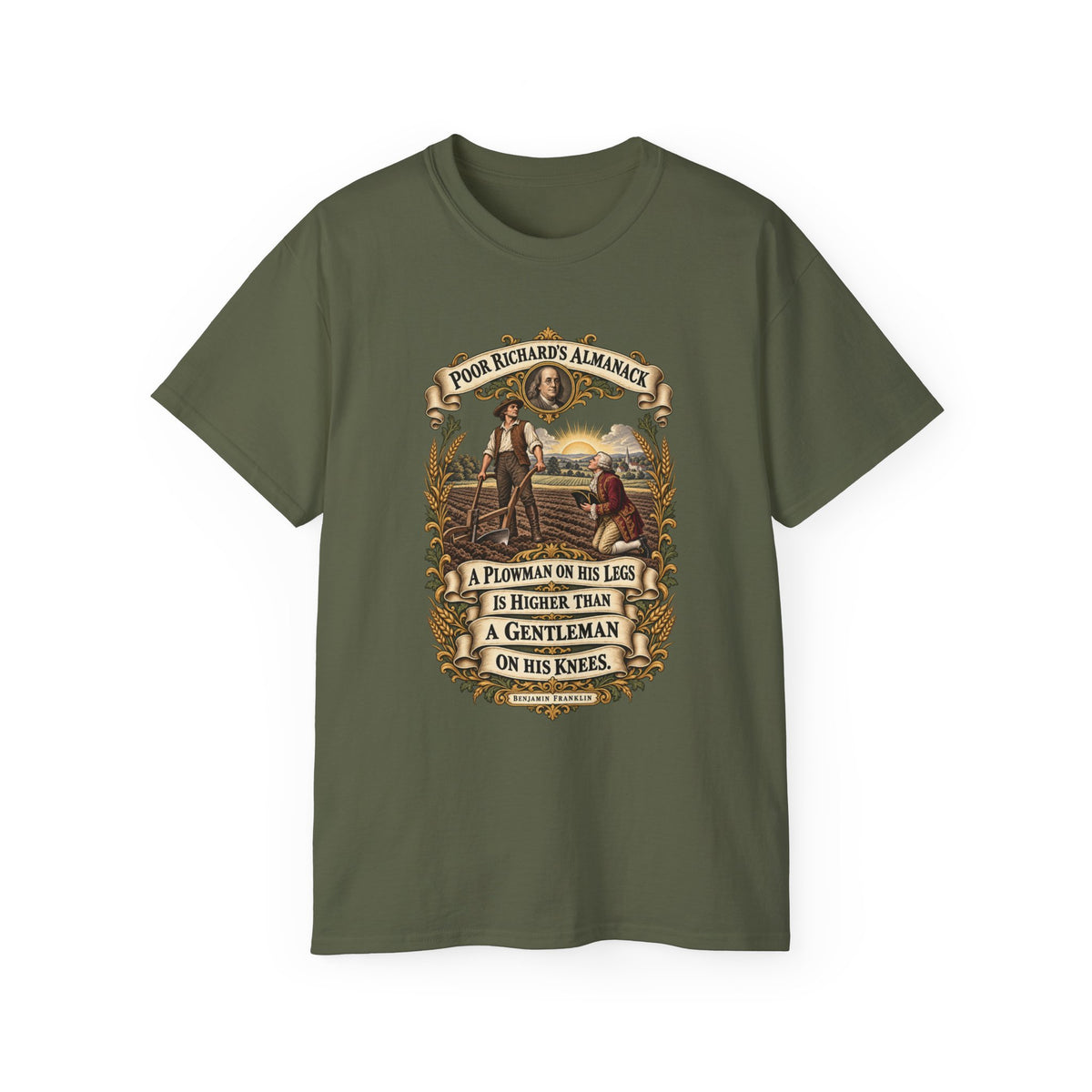 Unisex Ultra Cotton Tee - Poor Richards Almanac - A Plowman on his Legs is higher than a Gentleman on his Knees