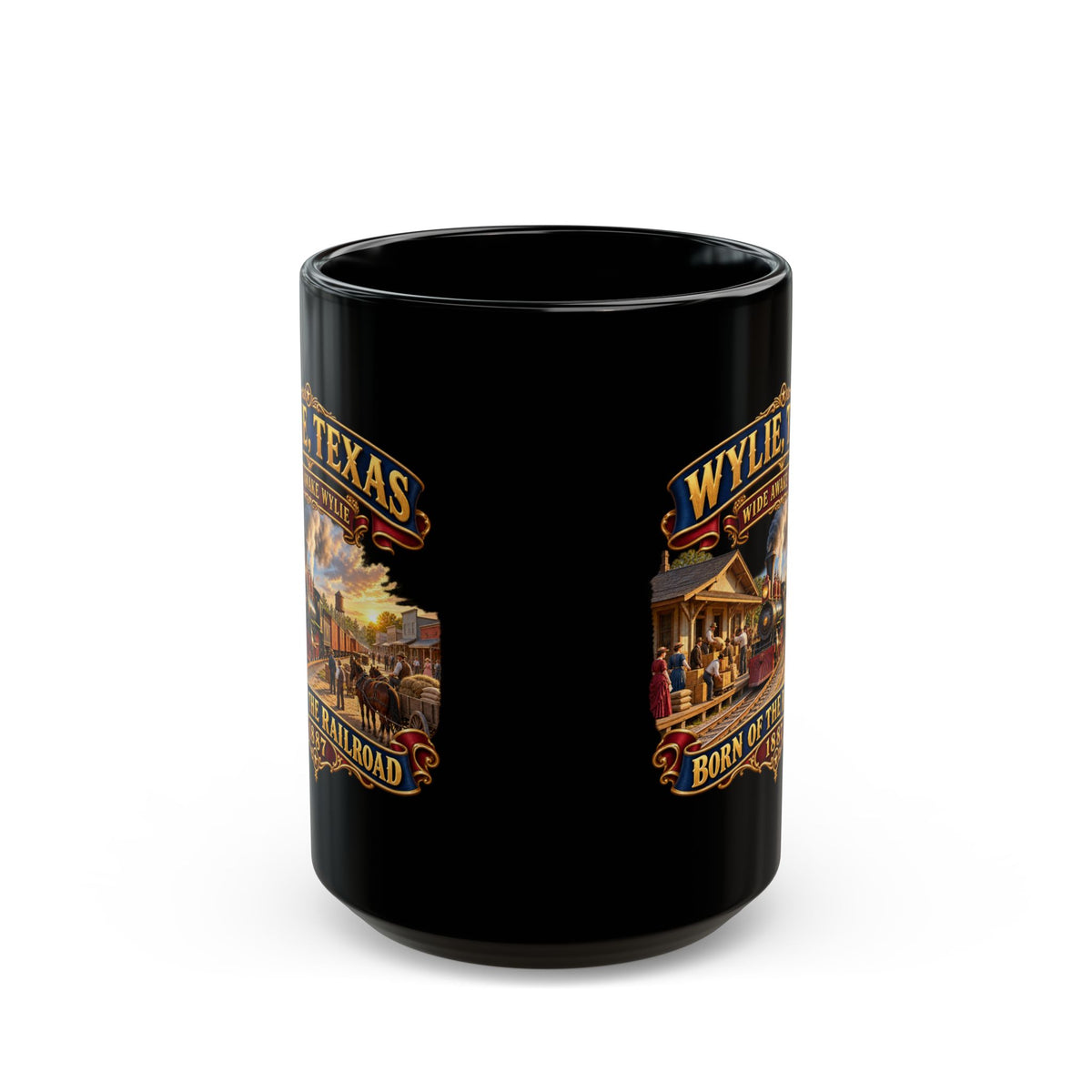 Black Mug  (15oz) - Wylie, Texas - Wide Awake Wylie, Born of the Railroad - 1873 - with Train Scene