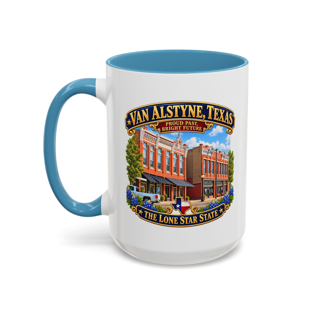 Accent Coffee Mug (11, 15oz) - Van Alstyne, Texas - Proud Past, Bright Future -Lone Star State - with Downtown Architecture Scene