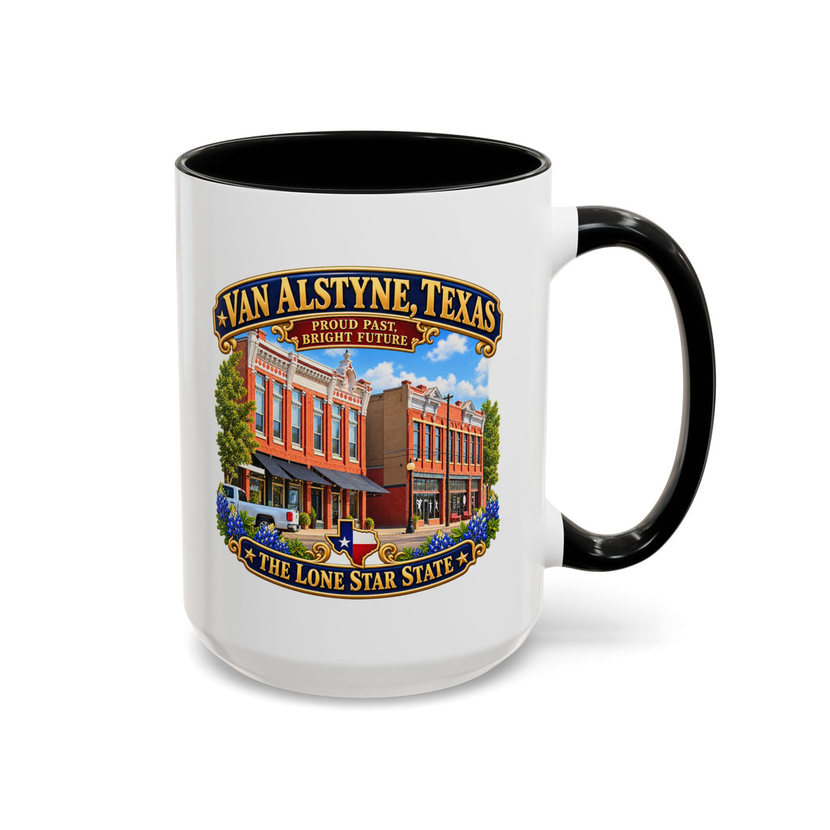 Accent Coffee Mug (11, 15oz) - Van Alstyne, Texas - Proud Past, Bright Future -Lone Star State - with Downtown Architecture Scene