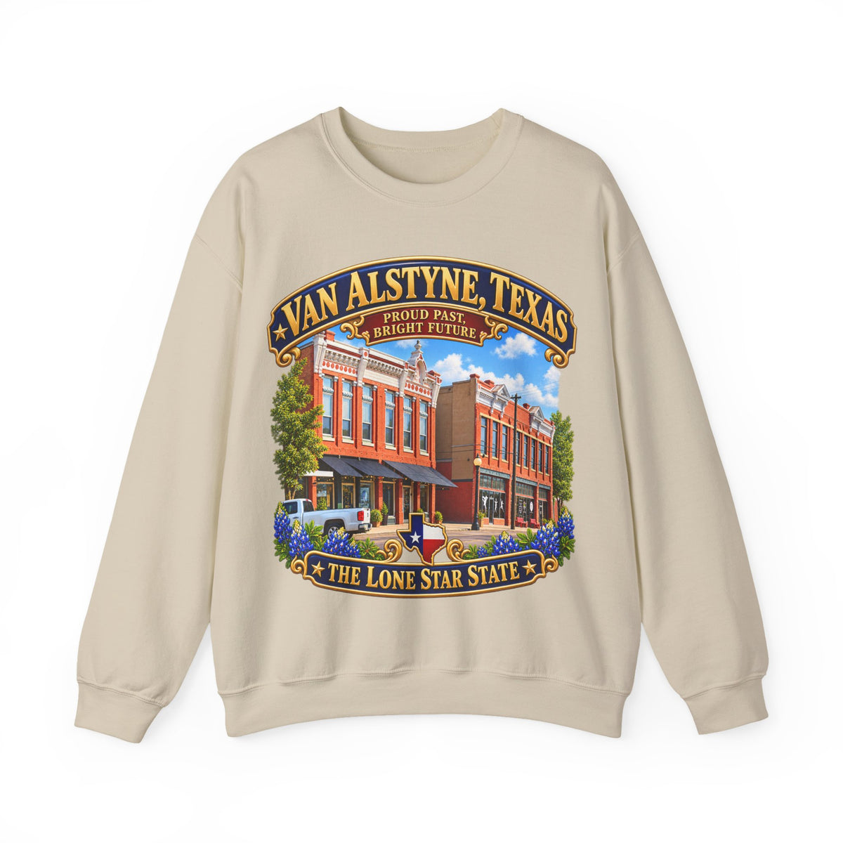 Crewneck Sweatshirt - Van Alstyne, Texas - Proud Past, Bright Future -Lone Star State - with Downtown Architecture Scene