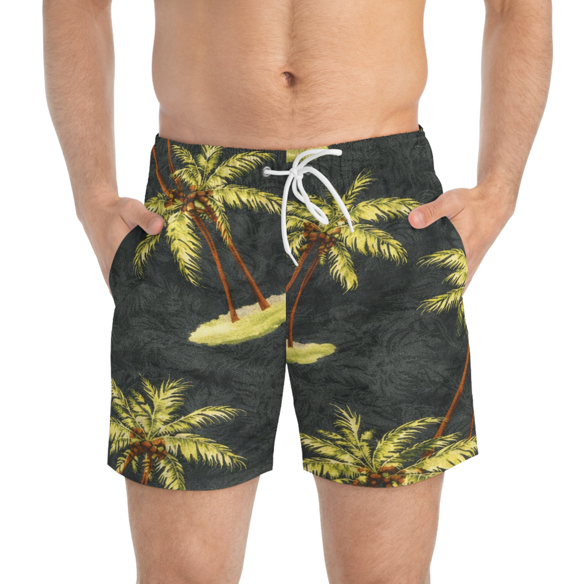 Tropical Palm Island Swim Trunks — Vintage Hawaiian Beach Shorts