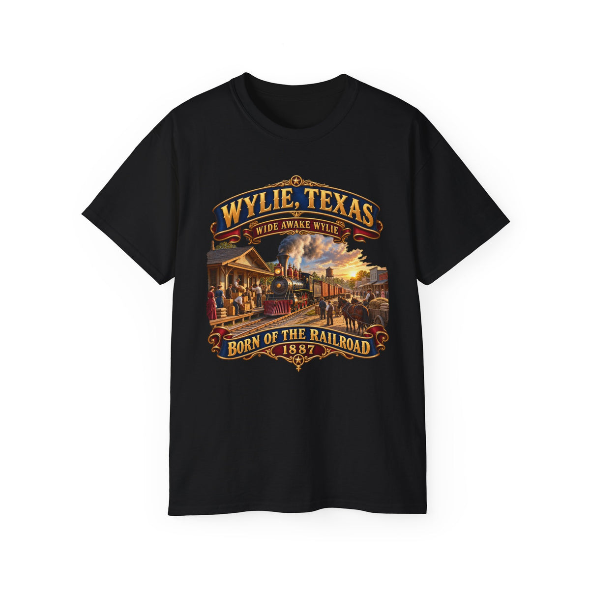 Unisex Ultra Cotton Tee - Wylie, Texas - Wide Awake Wylie, Born of the Railroad - 1873 - with Train Scene